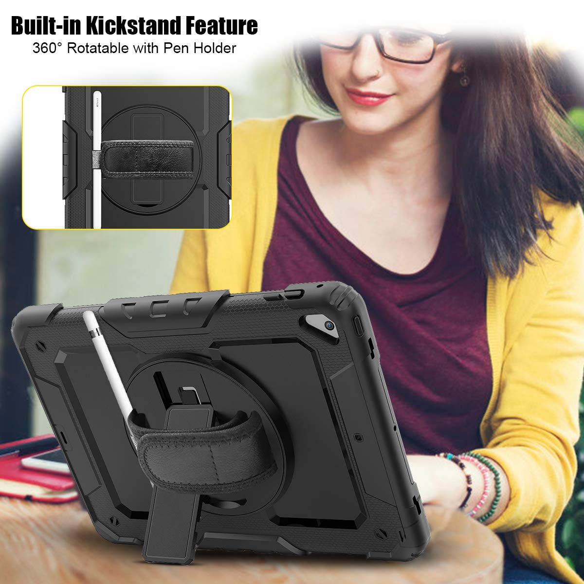 IPad 5th/6th Generation Case,Shockproof, Drop proof, 360 Degree Rotation Kickstand, Hand Strap,Shoulder Strip to Hang in Car Seat.Built-in Screen Protector for New iPad 9.7 2018/2017 Case