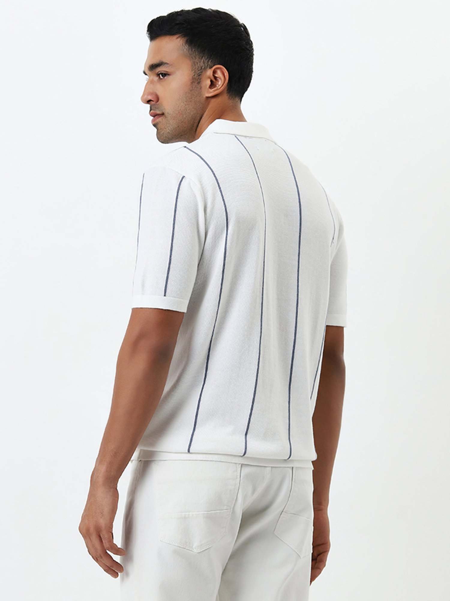 Ascot by Westside White Stripe Pattern Relaxed-Fit Cotton Polo T-Shirt