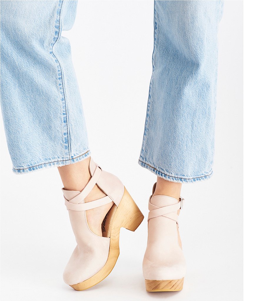 Free People Cedar Leather Buckle Wood Clogs