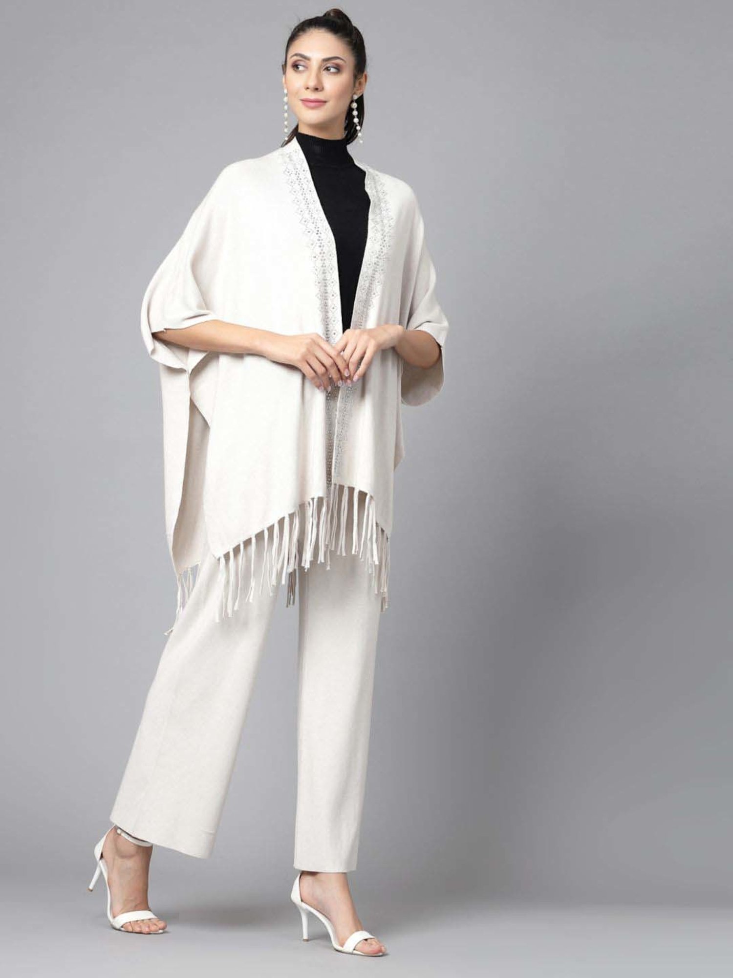 Mafadeny White Embellished Top Pants Set With Shrug