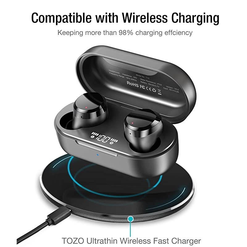 T12 Wireless Earbuds Bluetooth Headphones with Touch Control and Wireless Charging Case Digital Intelligence LED Display IPX8 Waterproof Earphones Builtin Mic Headset Deep Bass for Sport Black