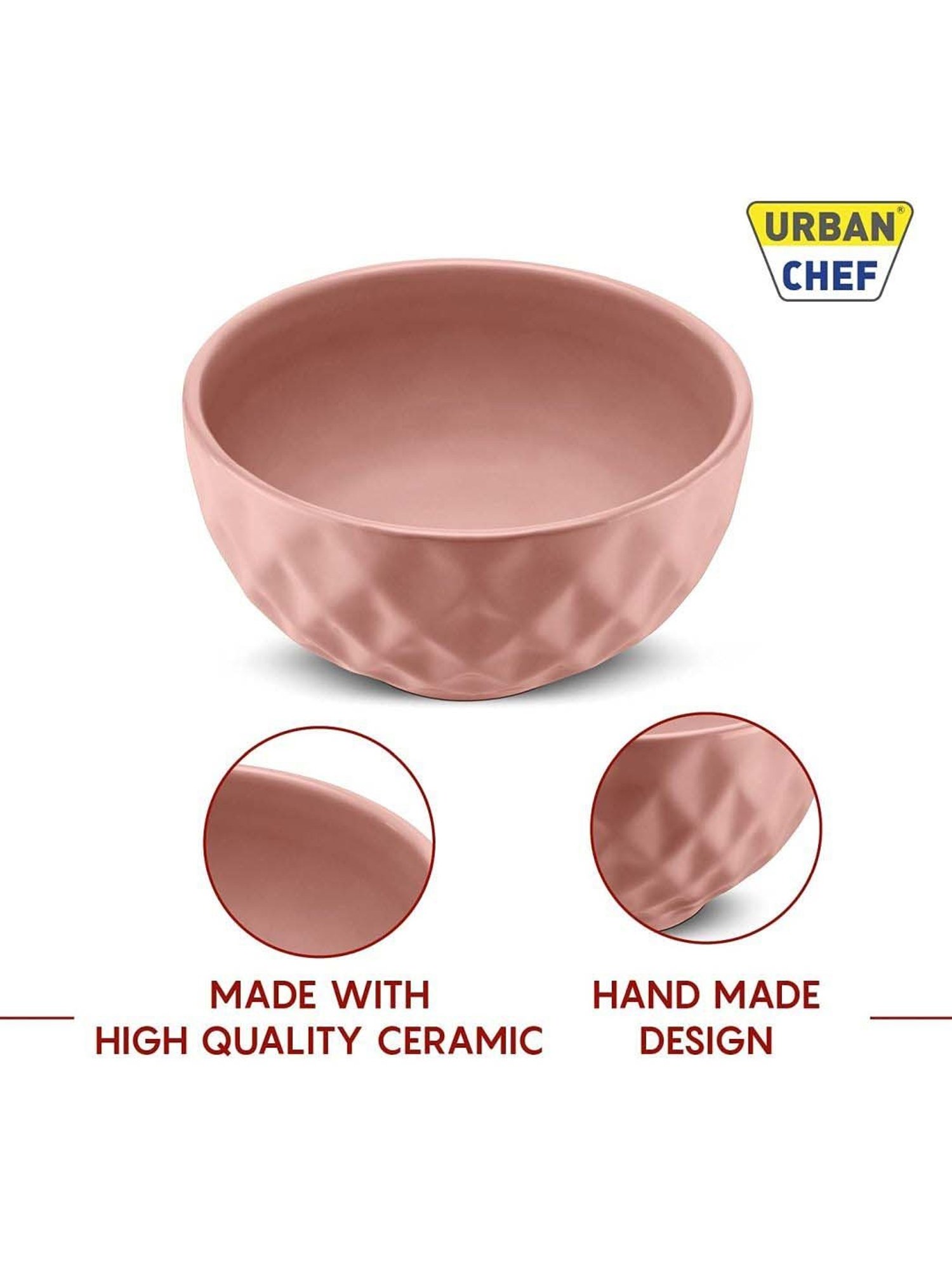 Urban Chef Pink Ceramic Handcrafted Microwave Safe Bowl (0.5 L) - Set of 4