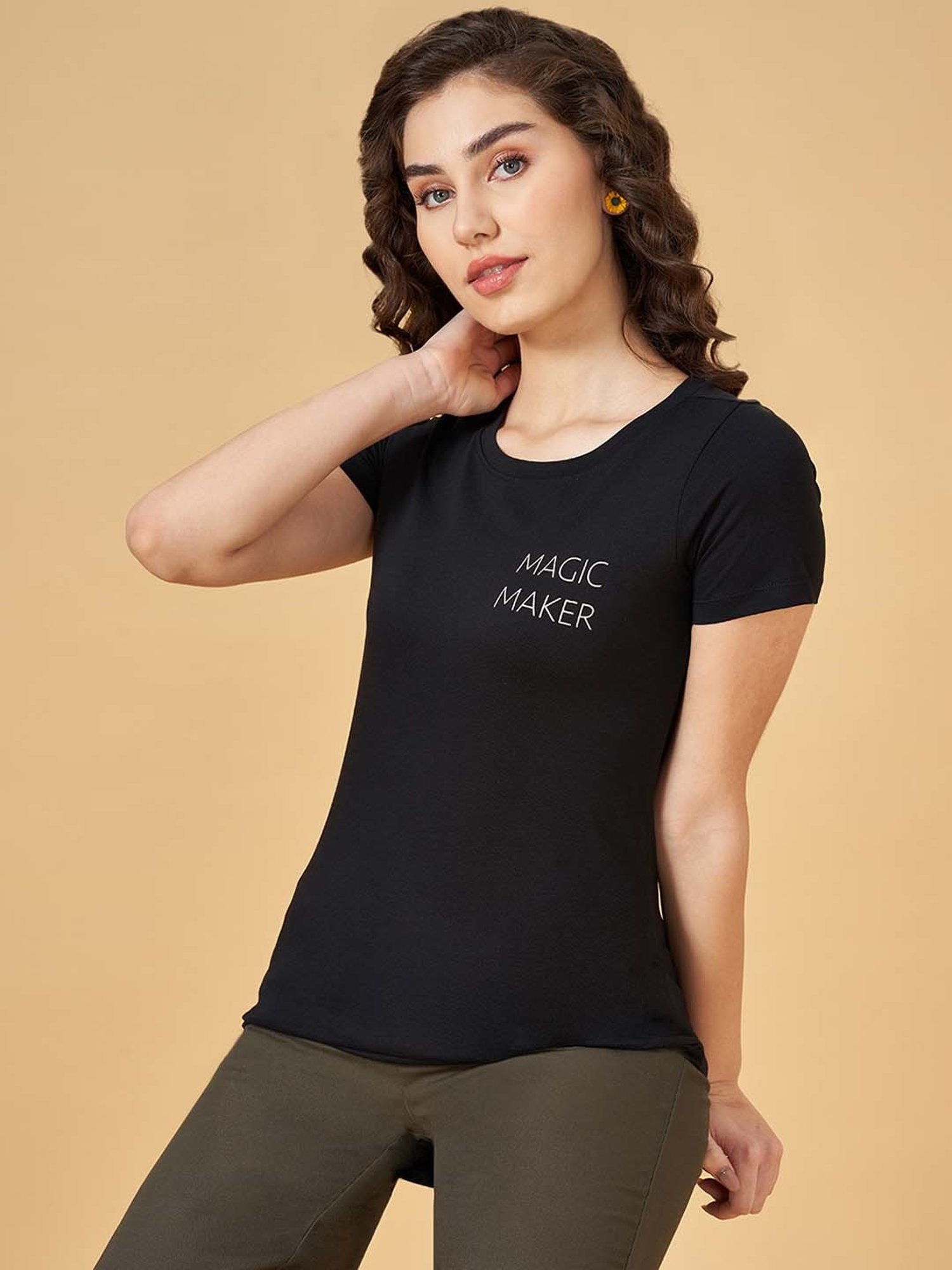 Honey by Pantaloons Black Cotton Printed T-Shirt