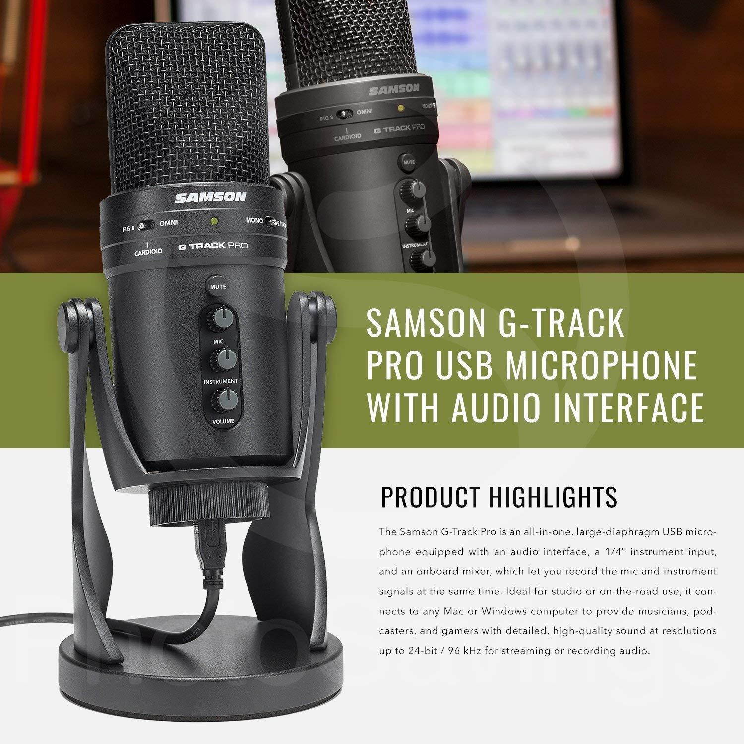 Samson G-Track Pro Professional USB Condenser Microphone w/Audio Interface Bundled with PreSonus HD9 Pro Headphones, Mic Pop Filter, Headphones Case, and Accessories