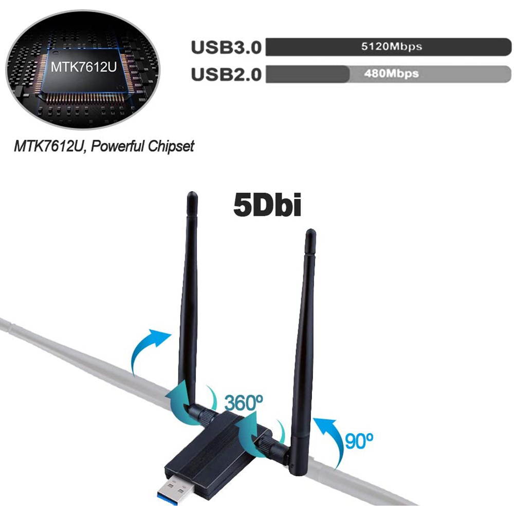 USB WIFI Adapter 1200M USB 3.0 Wireless Wifi Dongle 5G/866Mbps 2.4G/300Mbps 5dBi Dual Band Antenna 802.11 AC Wireless Network Adapter for Desktop/PC/Laptop Windows XP/Vista/7/8/10