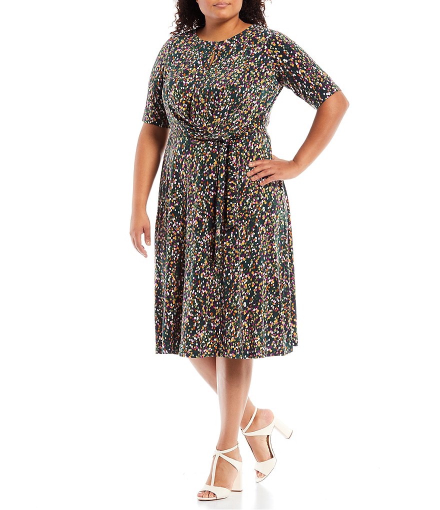 London Times Plus Size Printed Round Neck Elbow Sleeve Fit-and-Flare Dress