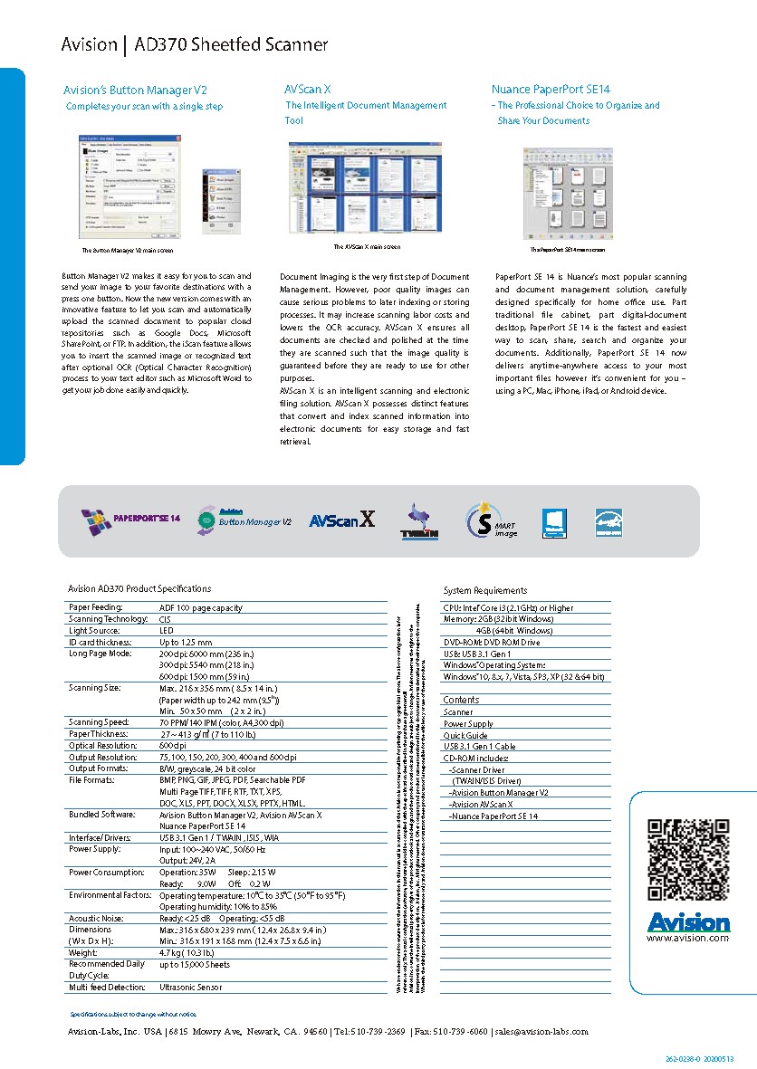 Avision - AD370 : Color Duplex Document Scanner 70ppm/140ipm, Up to 100 pages ADF, Daily duty cycle up to 15,000 sheets, USB 3.1, WiFi, 236" Long Page Scanning, Color, and Graphical LCD Display