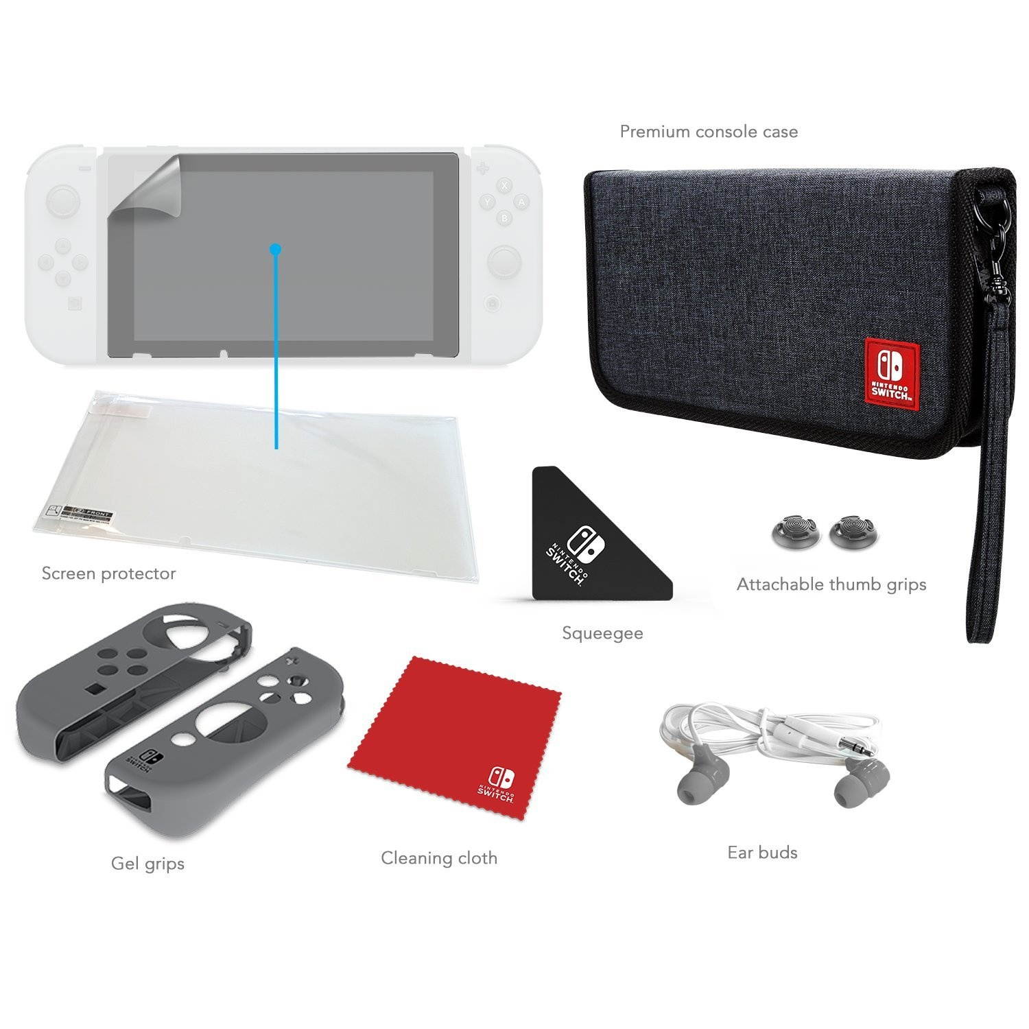 Nintendo Switch Starter Kit with Travel Case, Screen Protector, Joy Con Guards and Earbuds by PDP