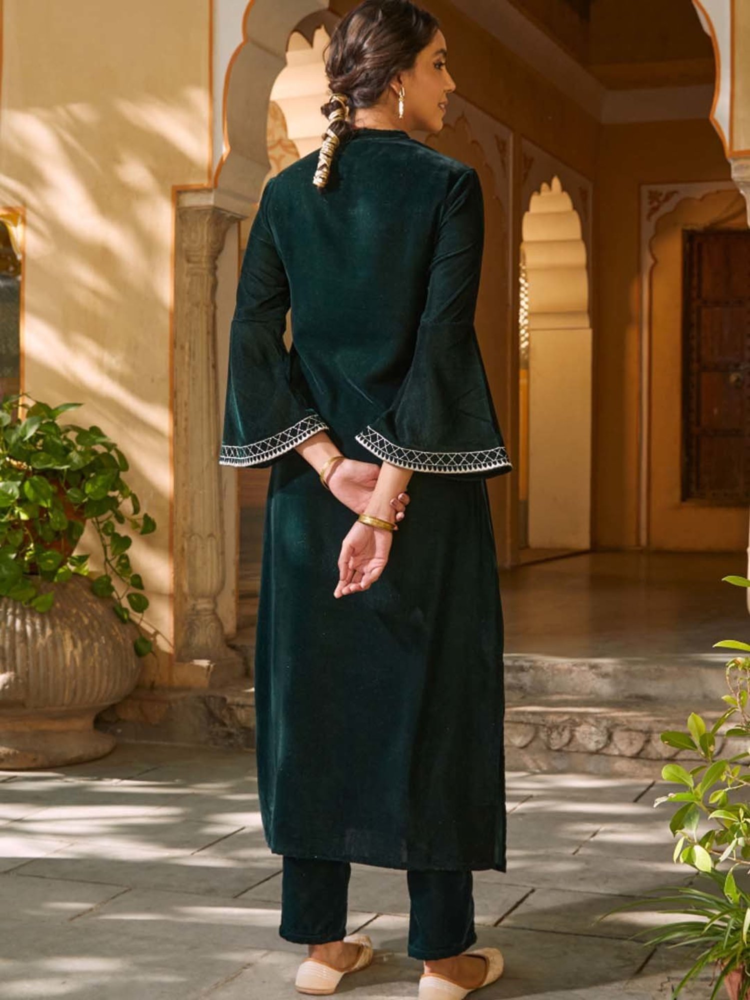 Rustorange Green Embroidered A Line Kurta