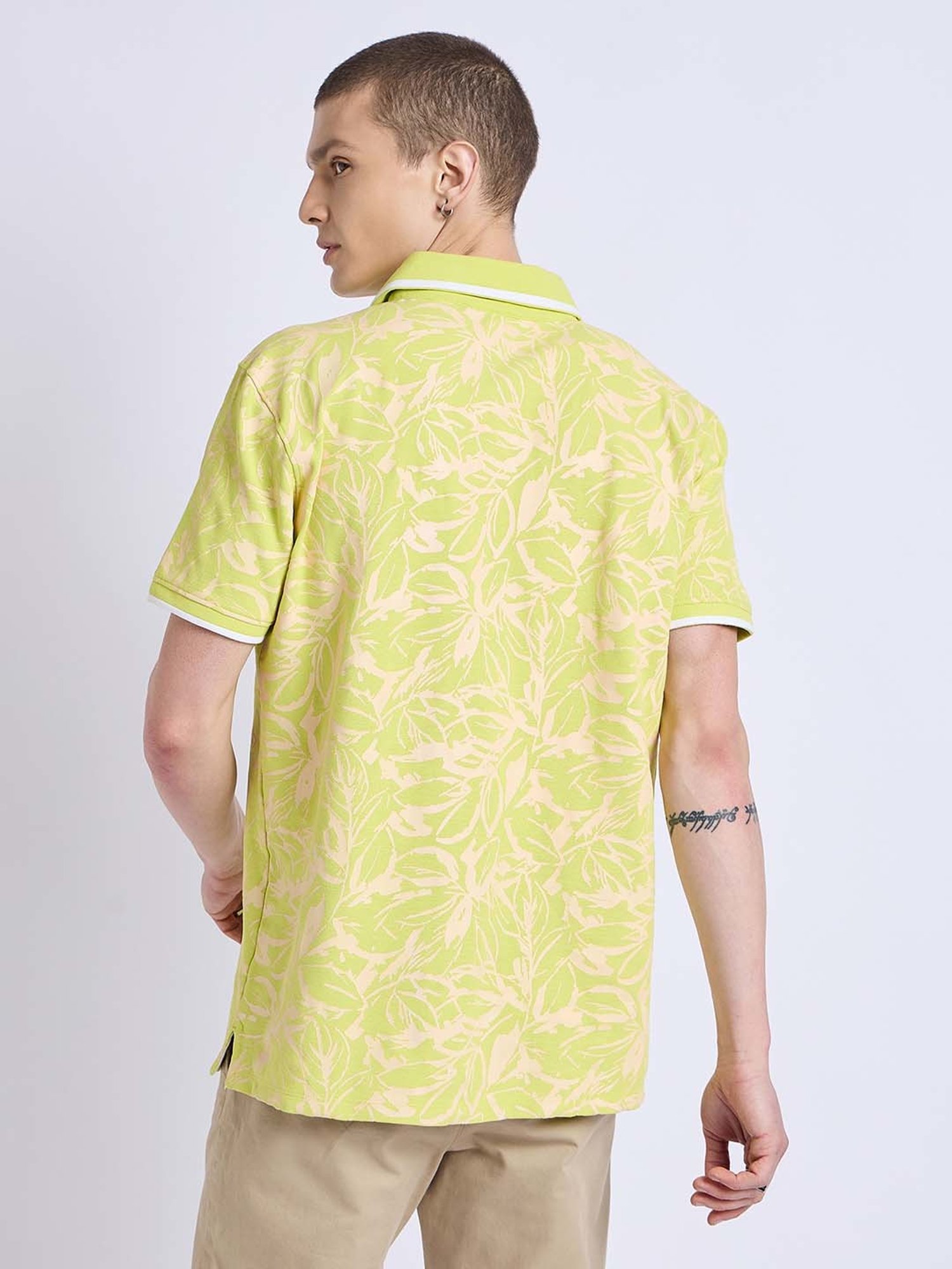 EDRIO Lime Green Regular Fit Printed Polo T-Shirt