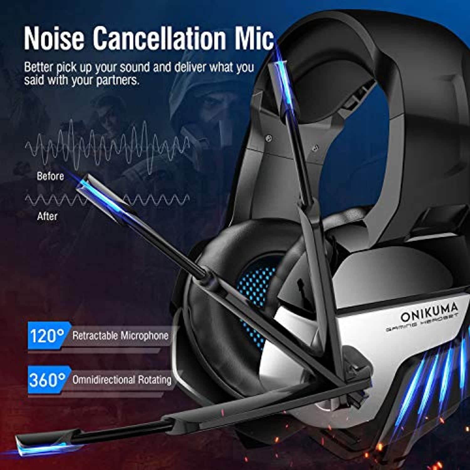 ONIKUMA Gaming Headset for PS4, Gaming Headphones with 7.1 Surround Sound, Xbox One Headset with Noise Canceling Mic LED Light, Over-Ear Headphones for PS4, Xbox One, PC, Mac, Laptop (Black)