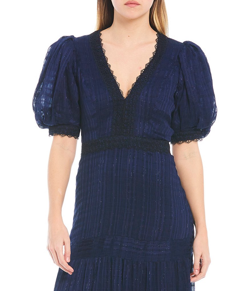 Belle Badgley Mischka Willow Lace Trim Volume Sleeve Maxi Dress