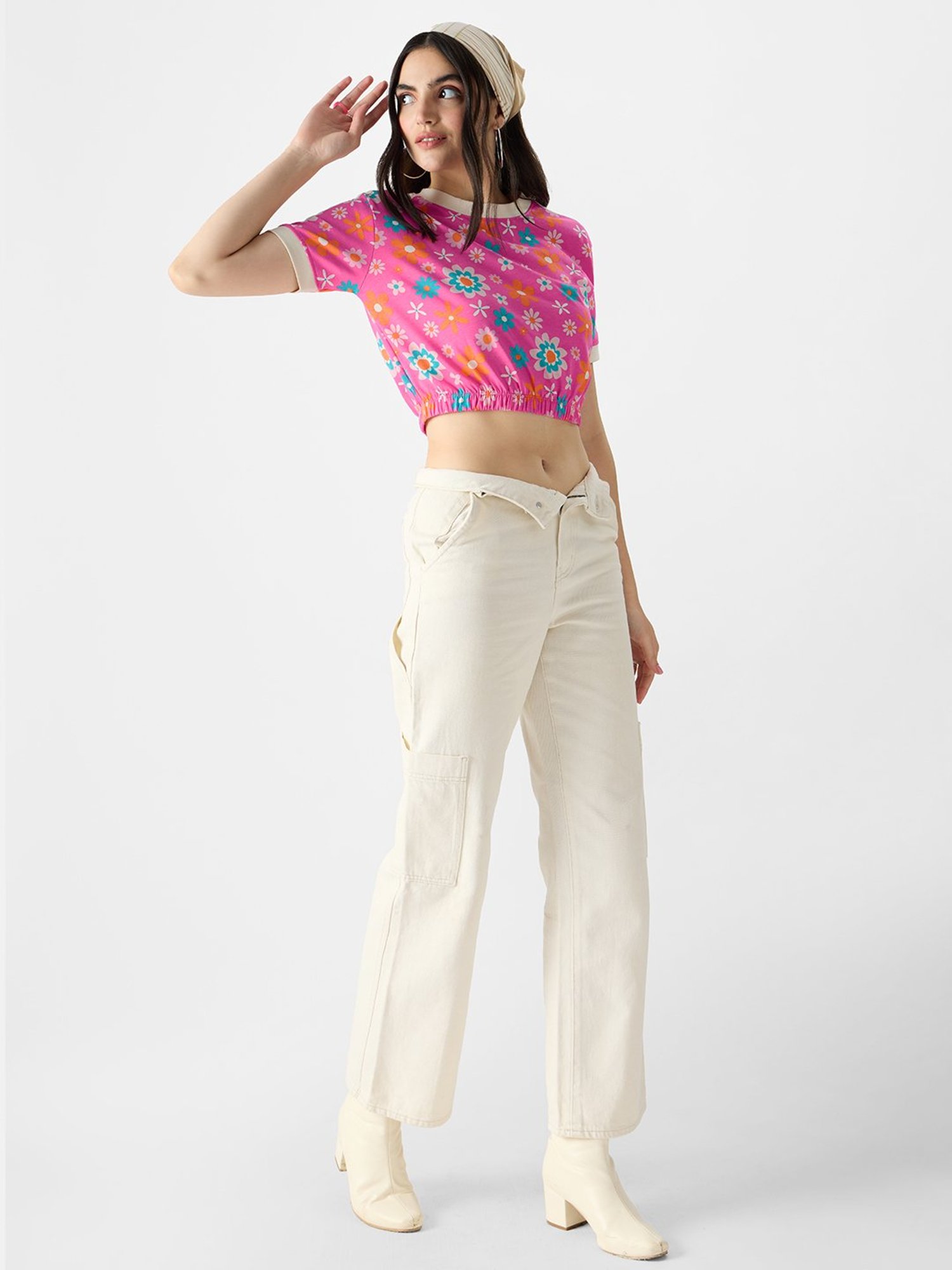 The Souled Store Pink Cotton Floral Print Crop Top