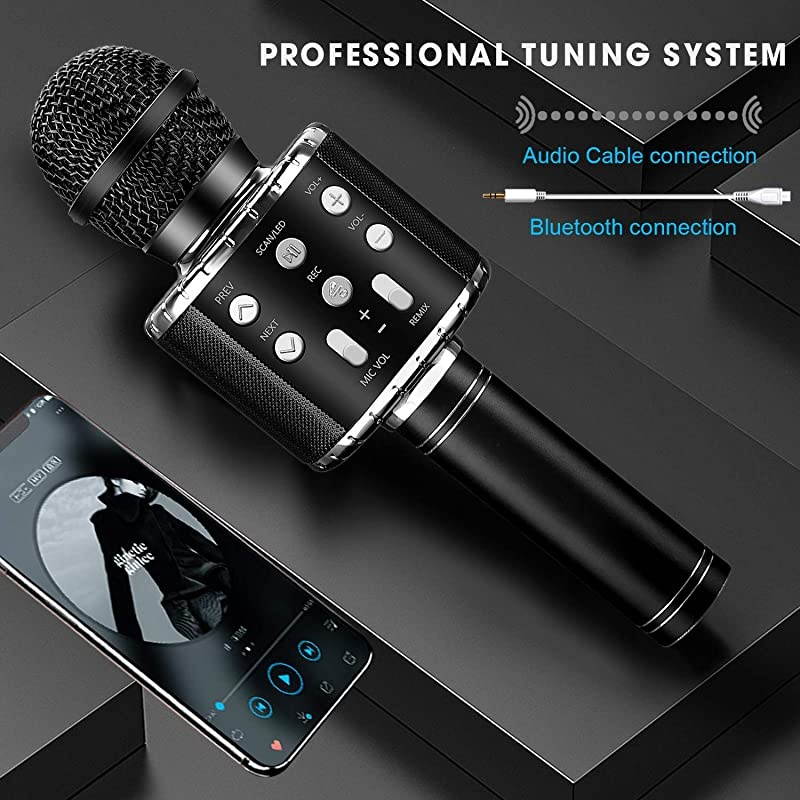 Bluetooth 4 in 1 Karaoke Wireless Microphone with LED Lights, Portable Microphone for Kids, Girls, Boys and Adults (Black)