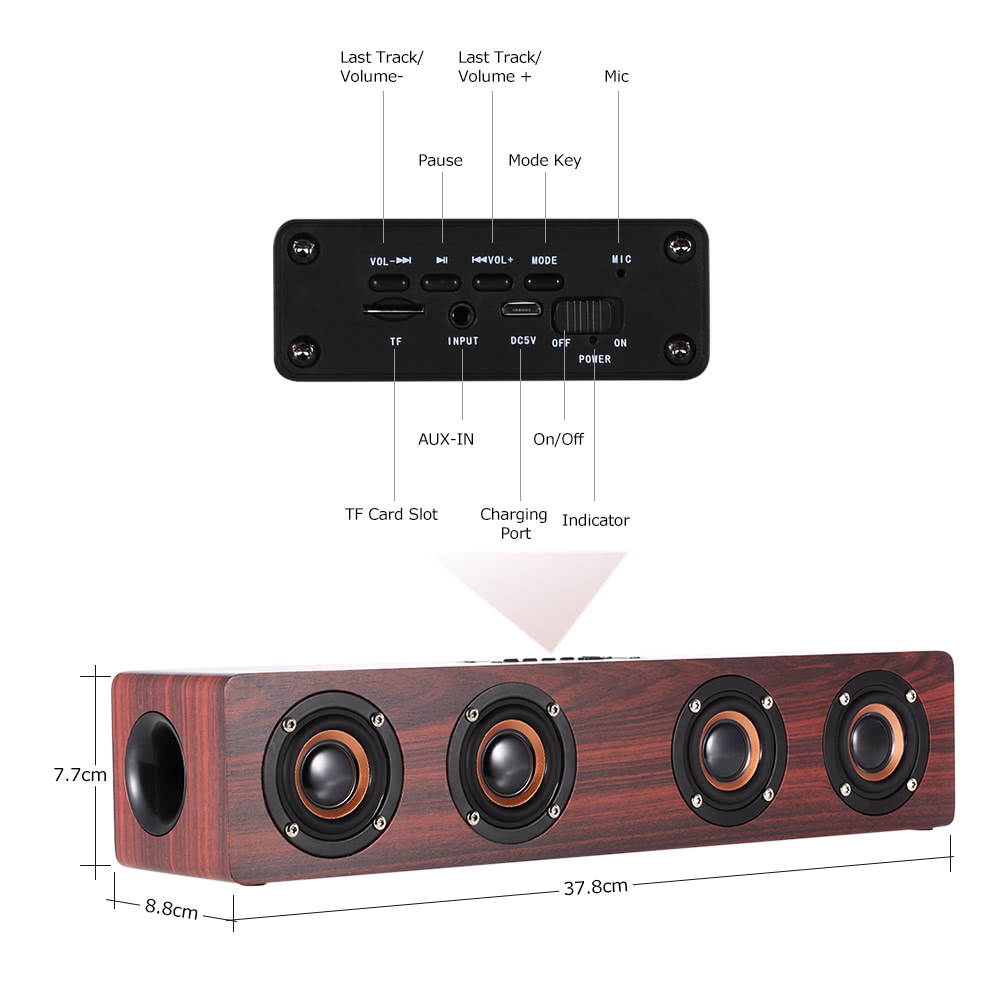W8 Red Wood Grain Bluetooth Speaker Bluetooth 4.2 Four Louderspeakers Super Bass Subwoofer Hands-free with Mic 3.5mm AUX-IN TF Card 3000mAh Battery for Home