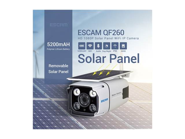 ESCAM QF260 WIFI HD 1080P 2.0MP Wireless IP67 Outdoor Solar Battery Power Low Power Consumption PIR Surveillance Security Camera