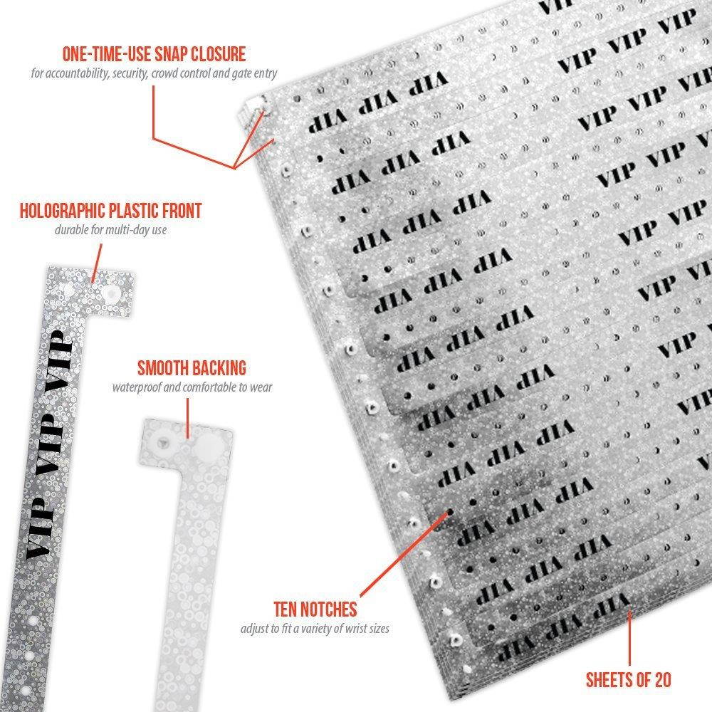 WristCo Holographic Silver VIP Plastic Wristbands - 100 Pack Wristbands For Events