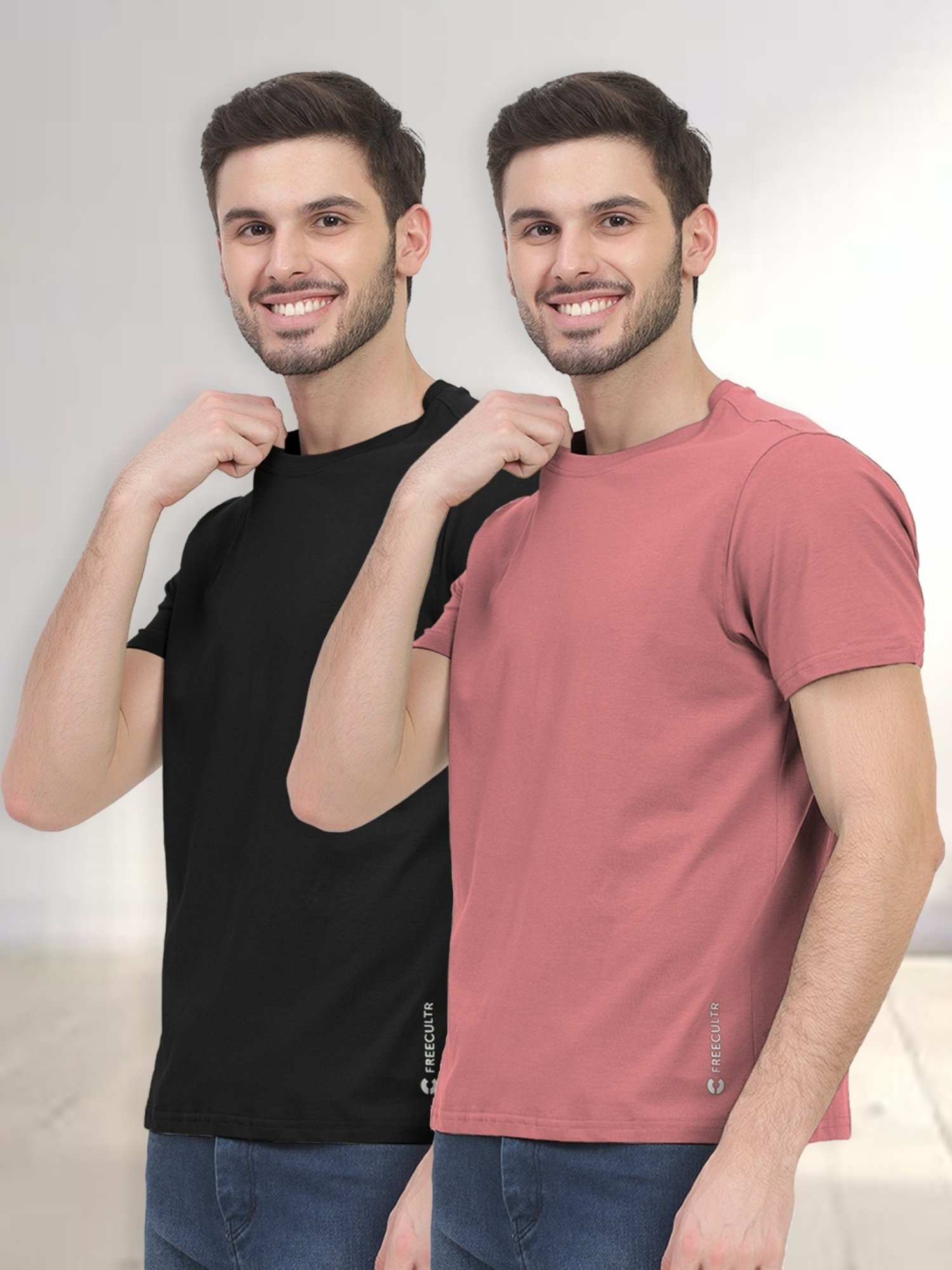 Freecultr Dusty Pink & Carbon Black Cotton Regular Fit T-Shirt - Pack Of 2