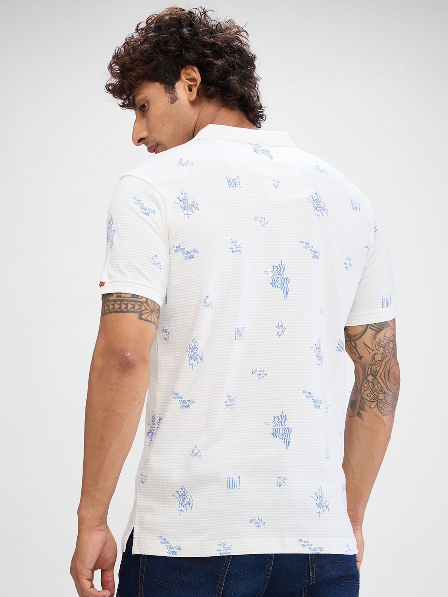 Spykar White Slim Fit Printed Polo T-Shirt