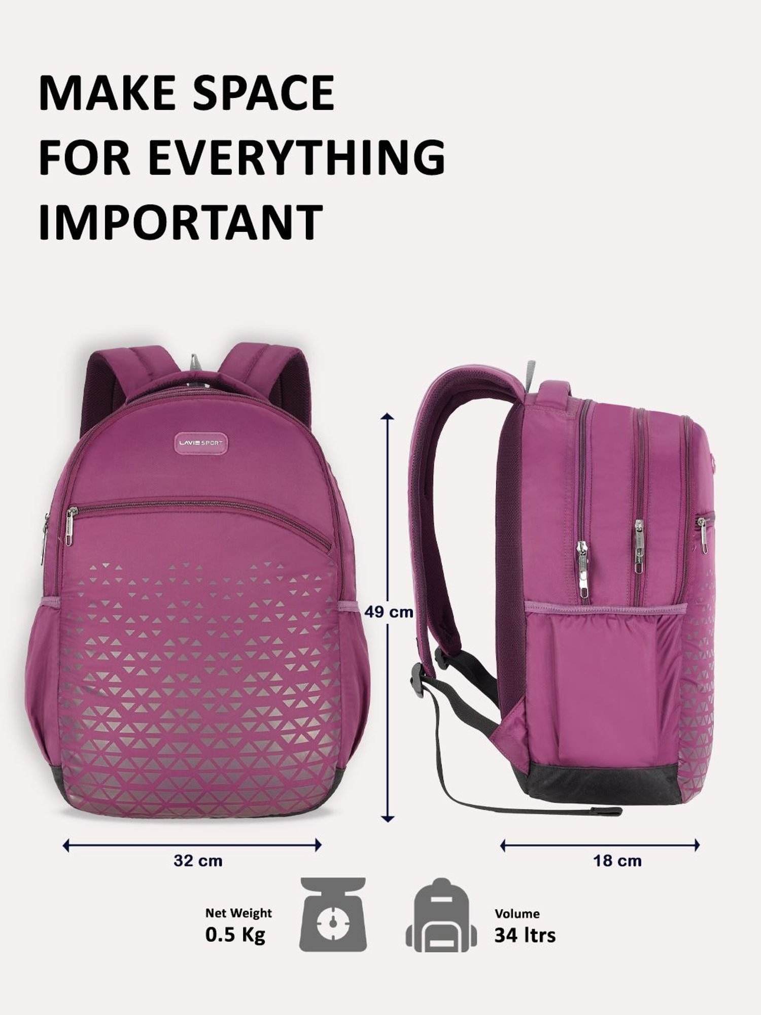 Lavie Sport Chrysolite 34L Laptop Backpack For Boys & Girls Unisex Bag for Men & Women (Purple)