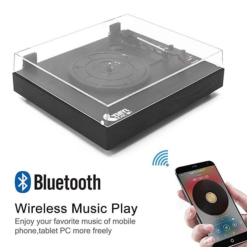 Record Player for 334578 RPM Vinyl RecordsBluetooth BeltDrive Turntable with Builtin Stereo Speakers Black Wood