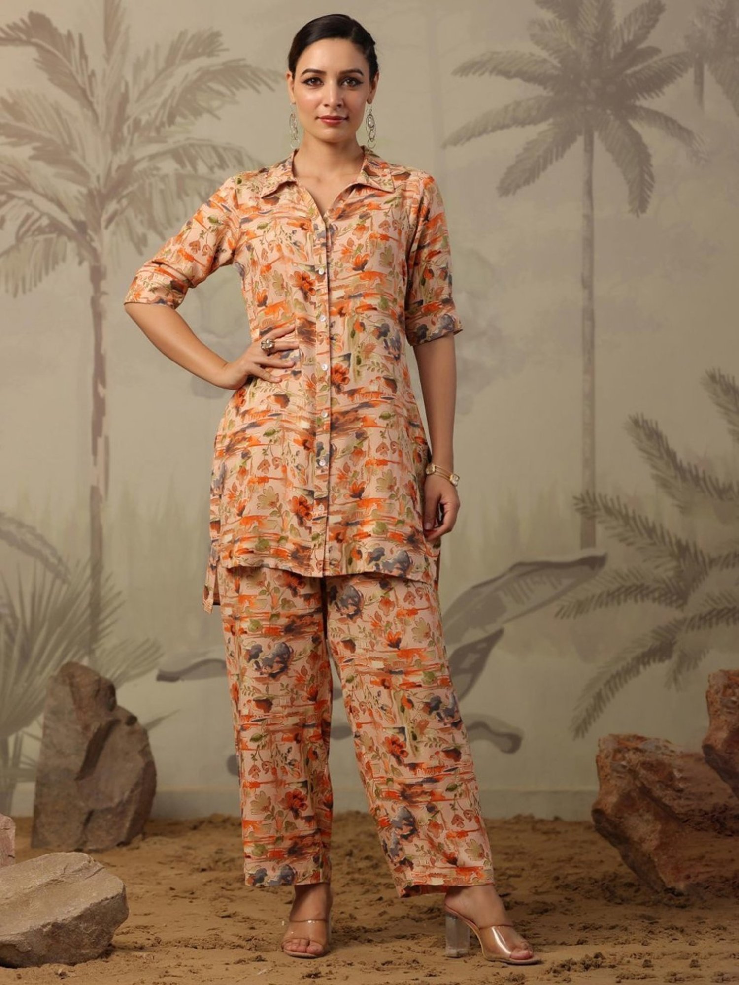 Artagai Beige Co-Ord Set with Notch Collar Kurta and Straight Pants