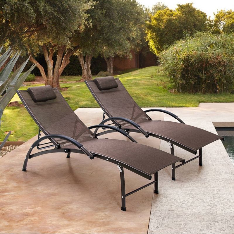 2pc Outdoor Aluminum Adjustable Reclining Chaise Lounge Chairs with Pillows - Brown - Crestlive Products