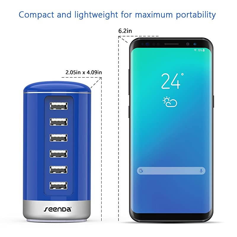 6 Port USB Charging Station  USB Desktop Charger with Smart Identification Blue