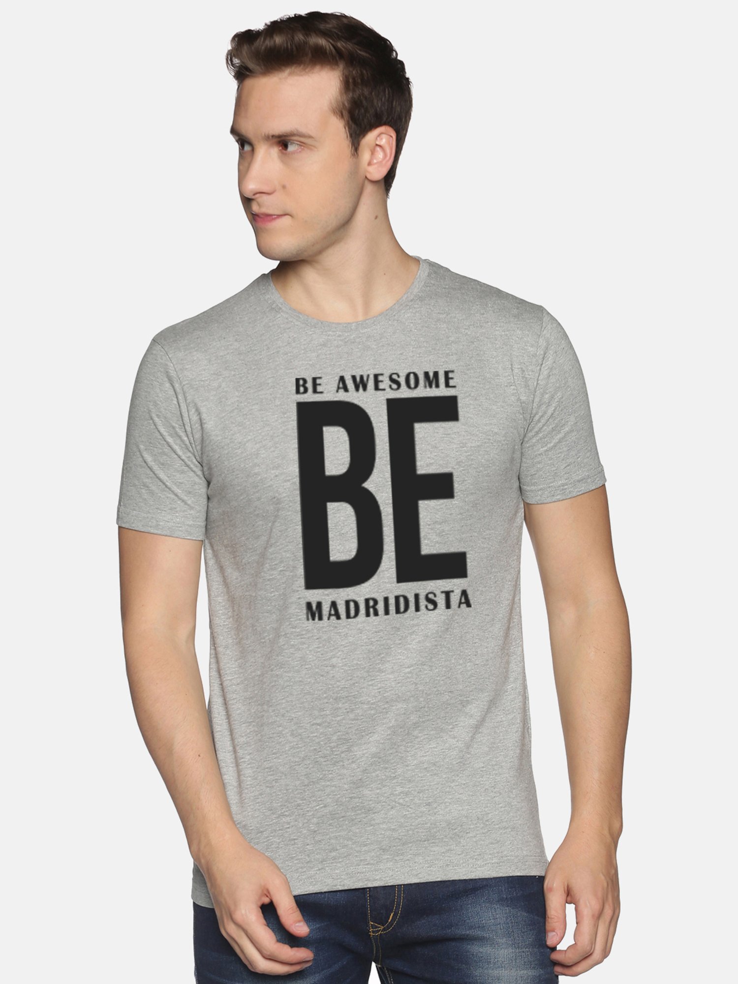 BLACK RADIO Grey Melange Slim Fit Printed Cotton Crew T-Shirt