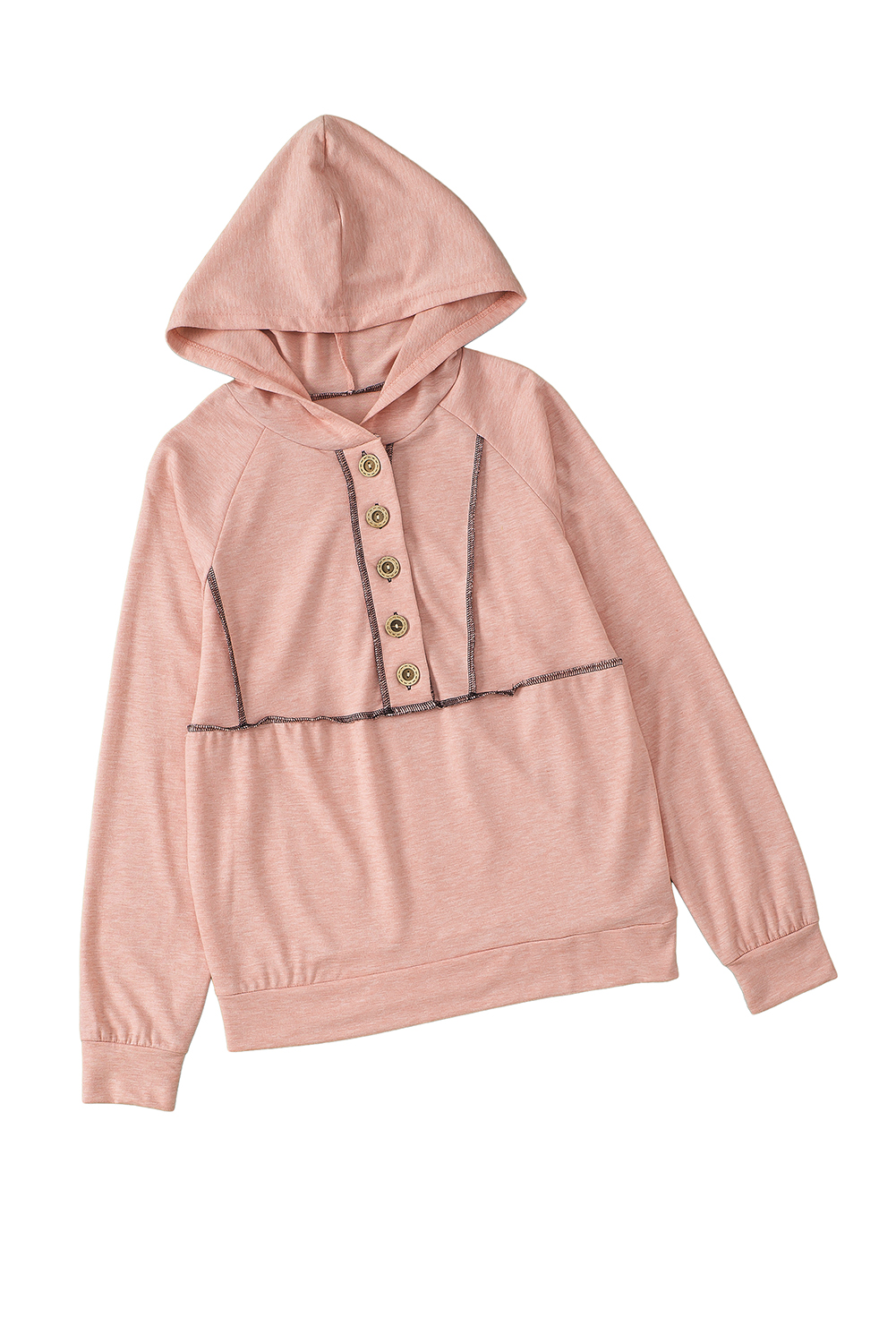 Pink Solid Color Exposed Seam Henley Pullover Hoodie