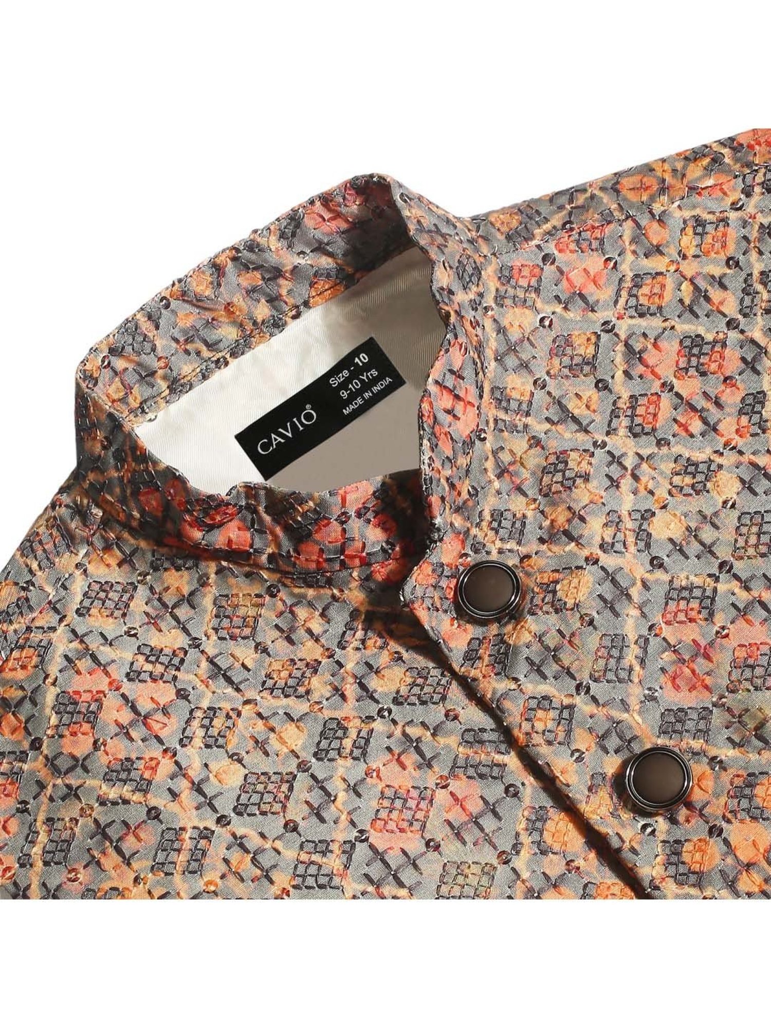 Cavio Kids Grey & Peach Cotton Embroidered Nehru Jacket