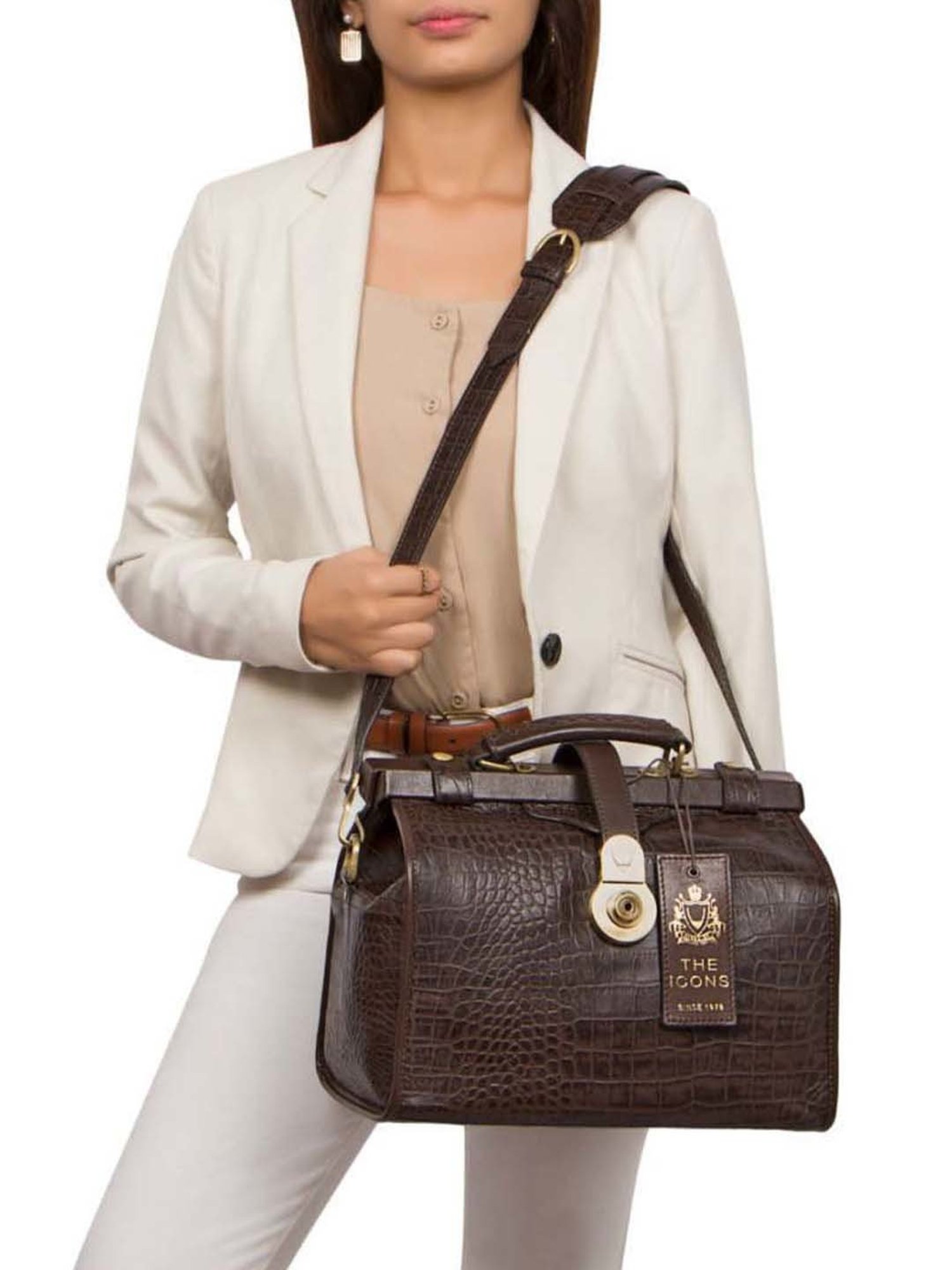 Hidesign Brown Textured Medium Handbag