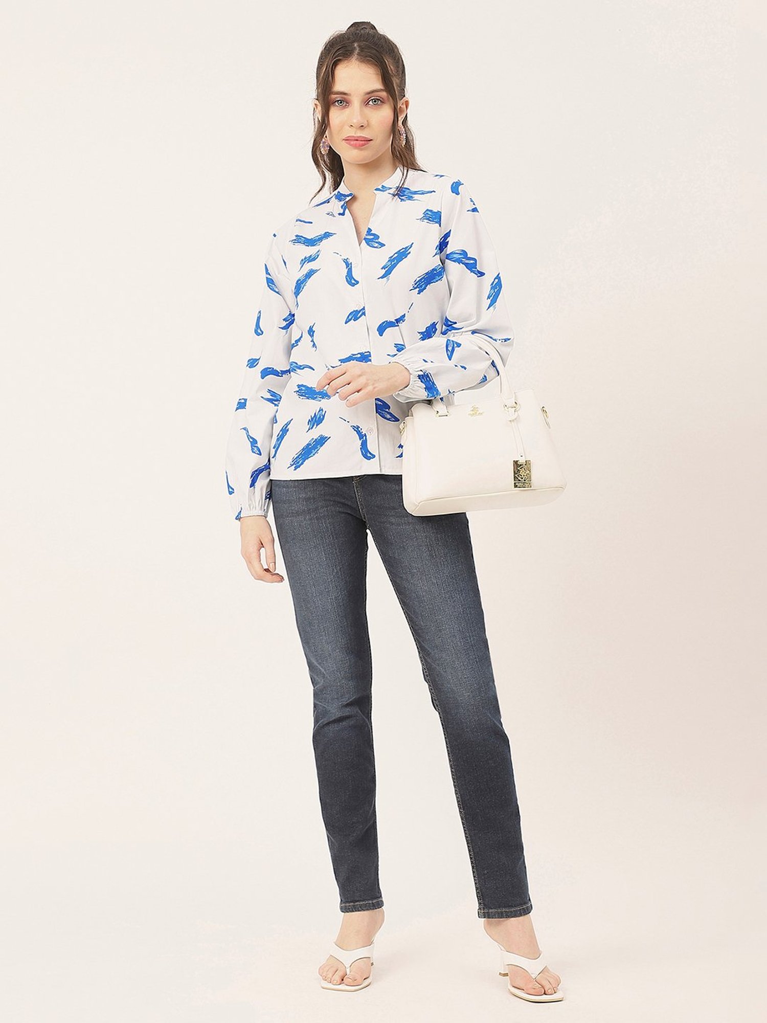 Moomaya Bright White Cotton Printed Shirt