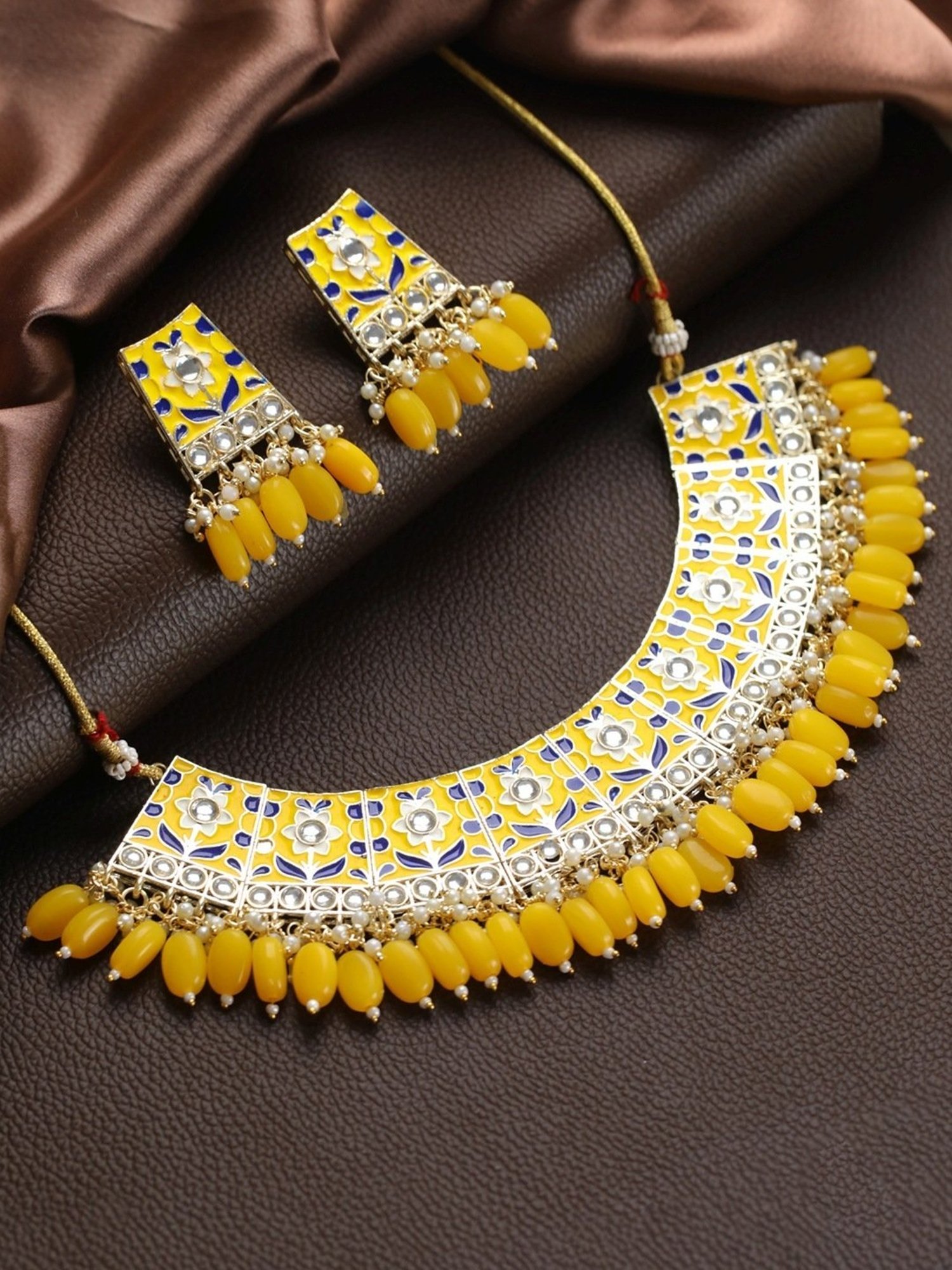 Aatmana Gold-Plated Yellow Meenakari & Pearl Beaded Necklace Set