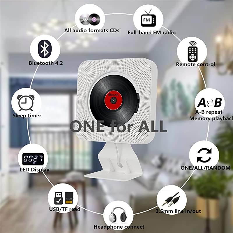 CD Player Portable Wall Mountable with Bluetooth 4.2 FM Radio USB/TF/AUX MP3 Remote Control LED Display Sleep Timer, White (Highest Upgraded)