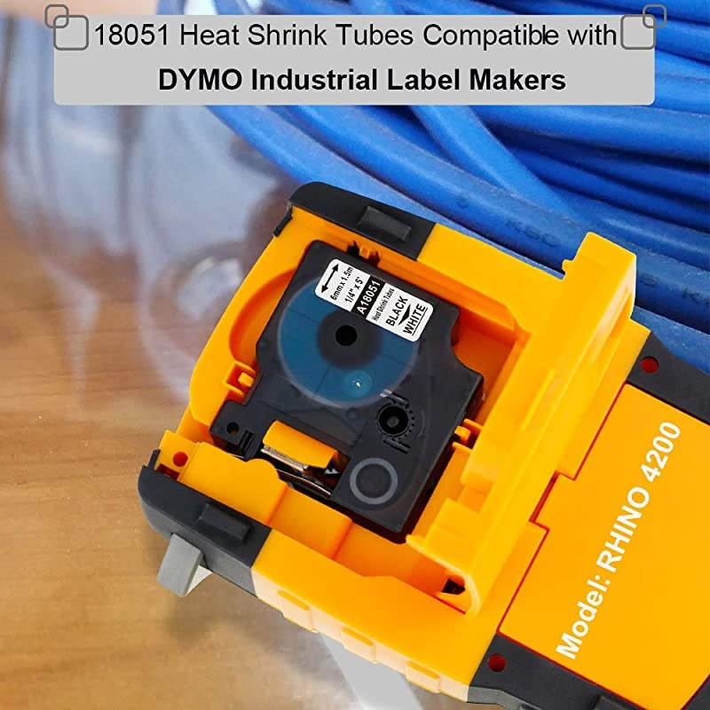 Compatible Labels Tape Replacement for DYMO 18051 14 Heat Shrink Tube Labels Use with DYMO Rhino 4200 5200 5000 6000 Label Maker and More Black on White 14 Inch x 49 Feet4Pack
