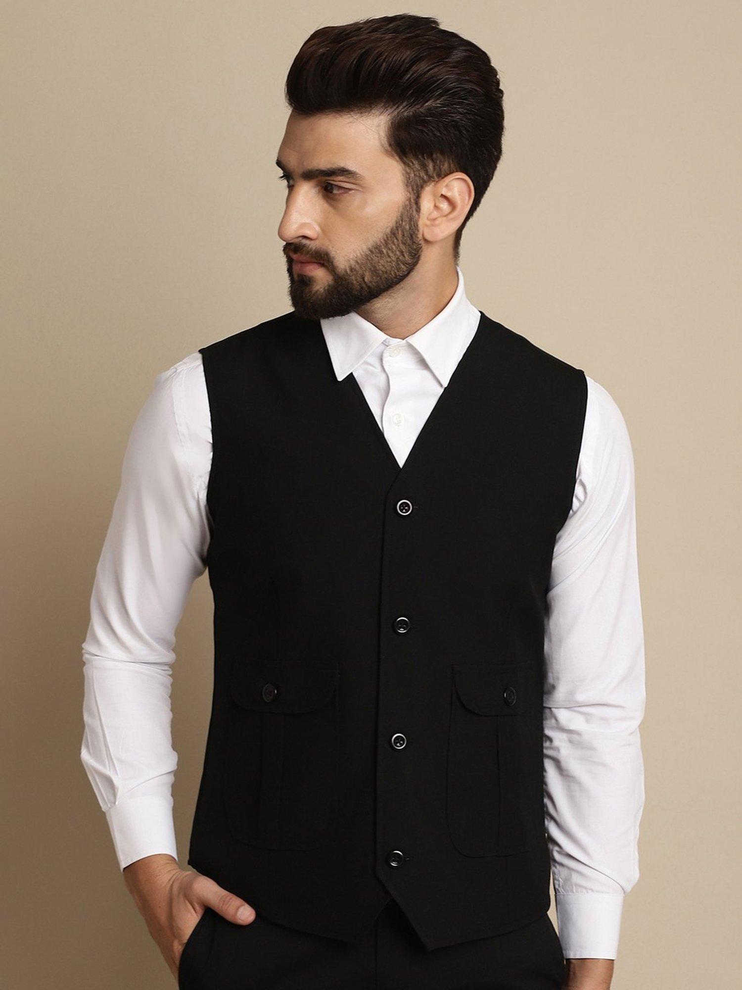 Even Black Regular Fit V Neck Waistcoat