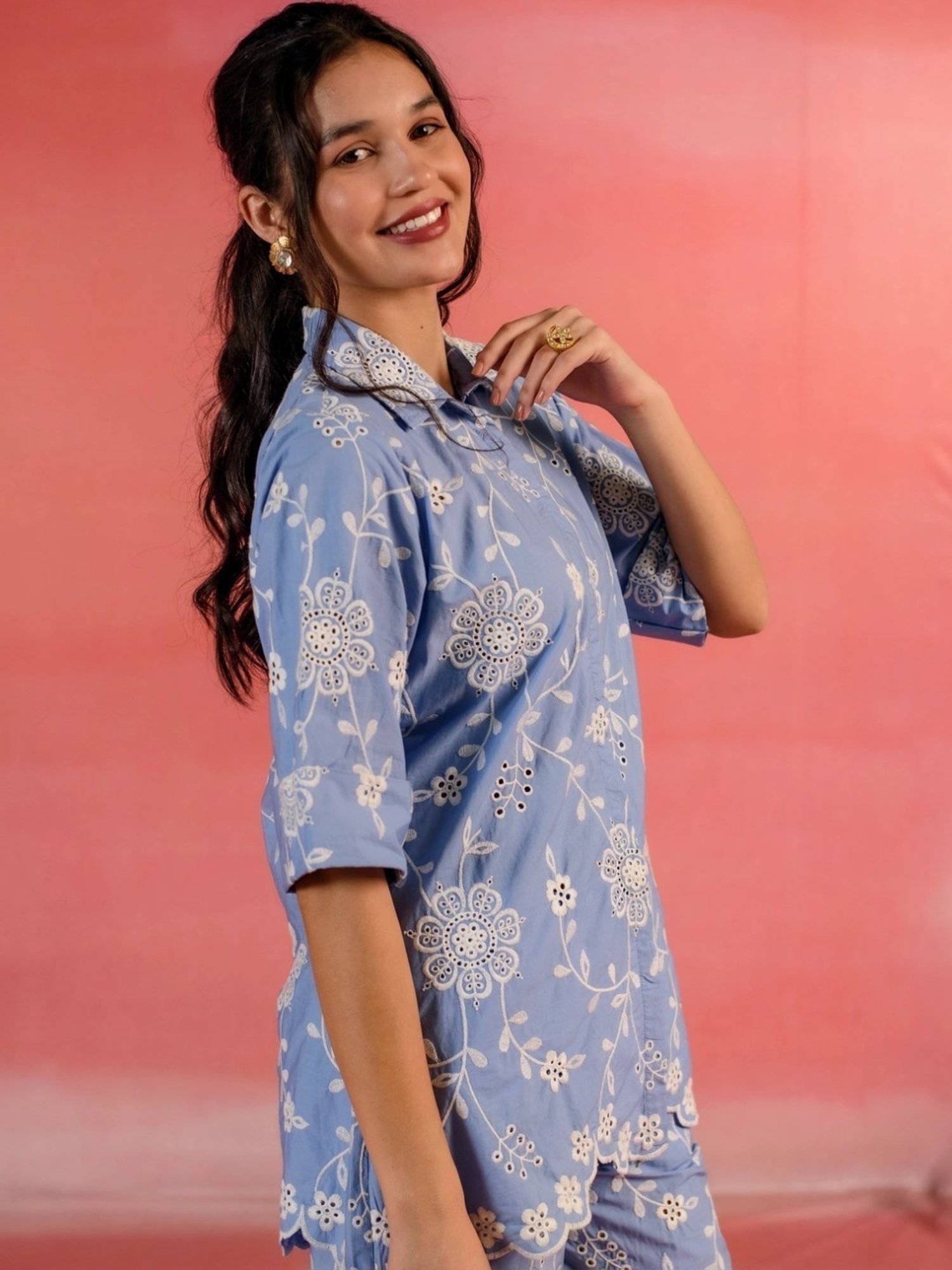 Kameez by Pooja Blue Floral Embroidered Poplin Shirt