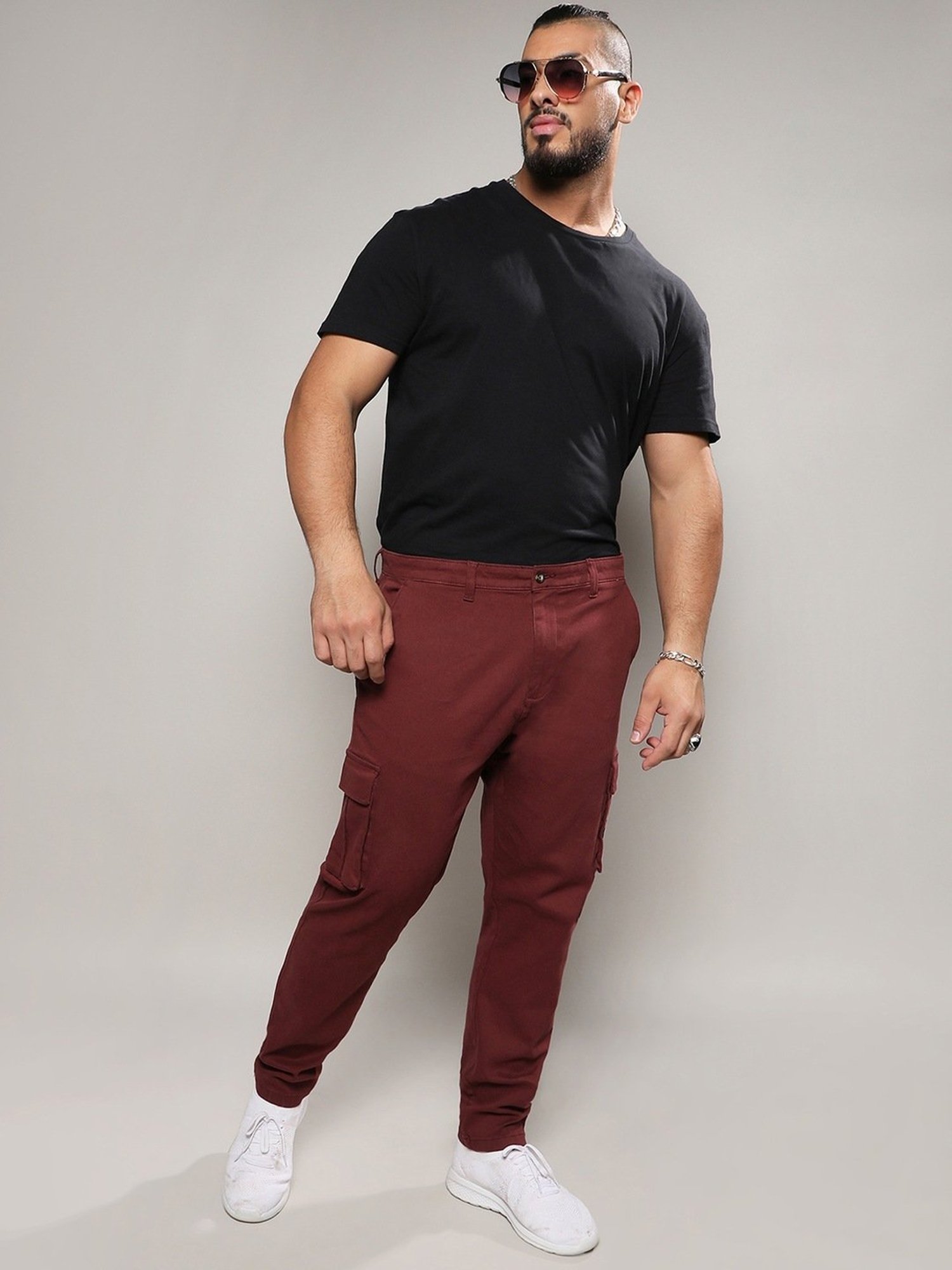 Instafab Plus Maroon Regular Fit Plus Size Cargos