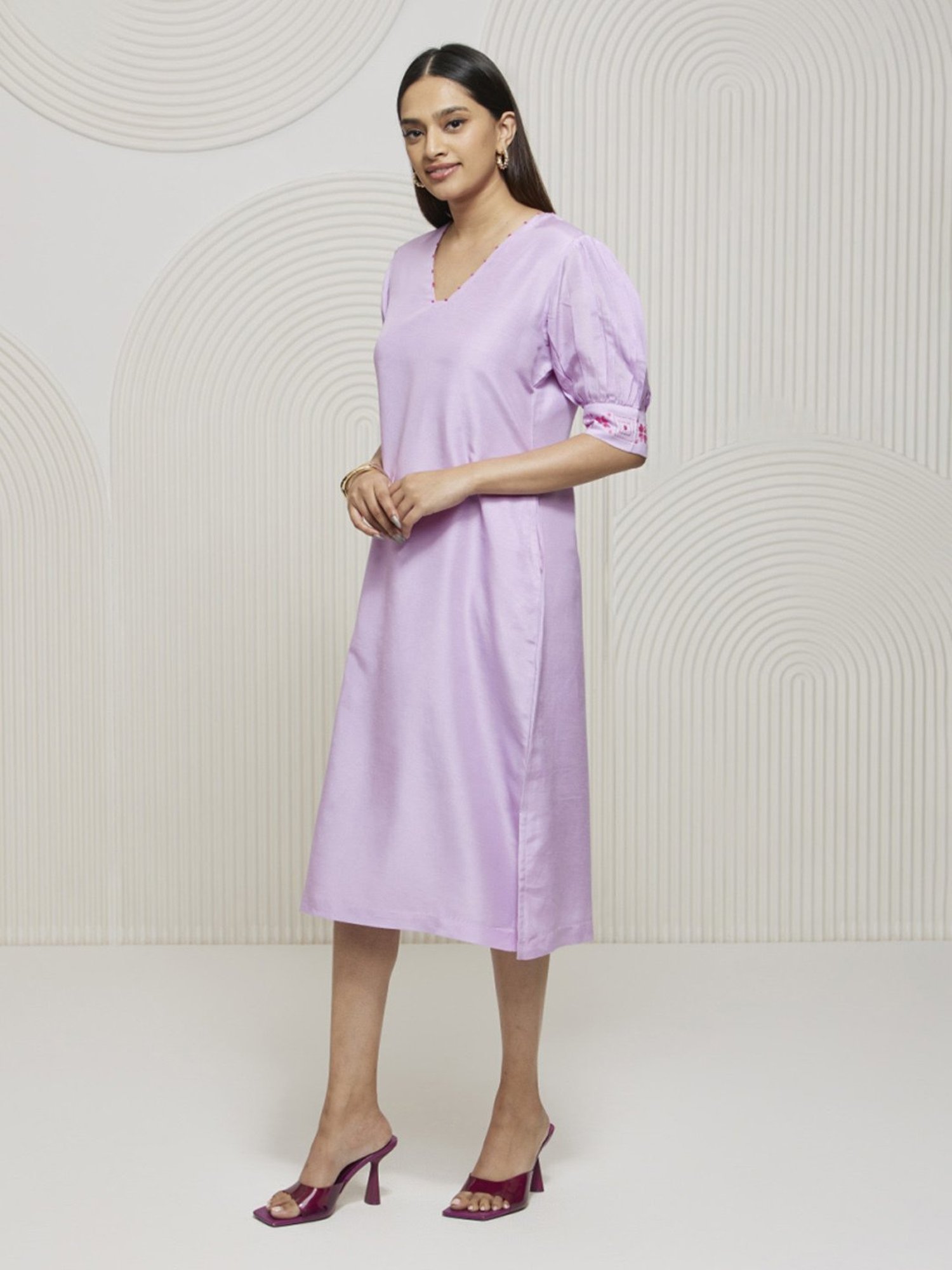 Artagai Lavender Straight Fit Dress with Slit On One and Kantha Embroidery On Cuff