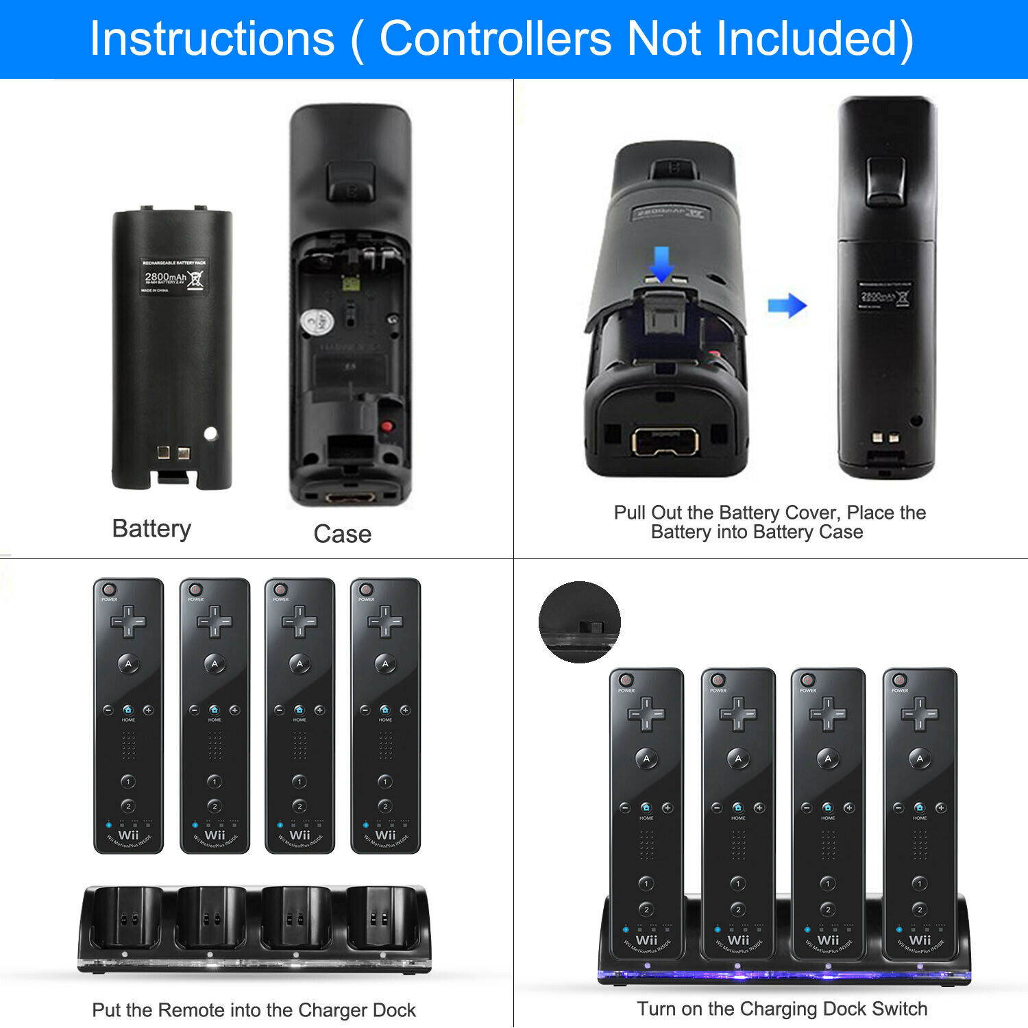 Charger Charging Dock Station+4x 2800mAh Battery For Wii/Wii U Remote Controller