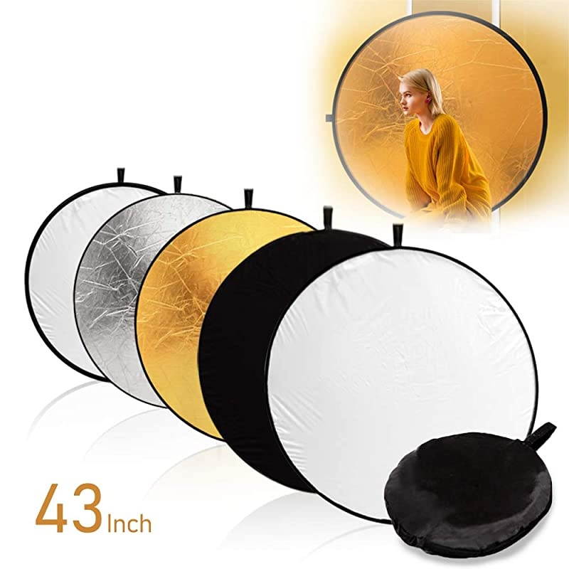 43" Photography Photo Video Studio Lighting Disc Reflector, 5-in-1, 5 Colors, Black, White, Gold, Silver, Translucent, AGG808
