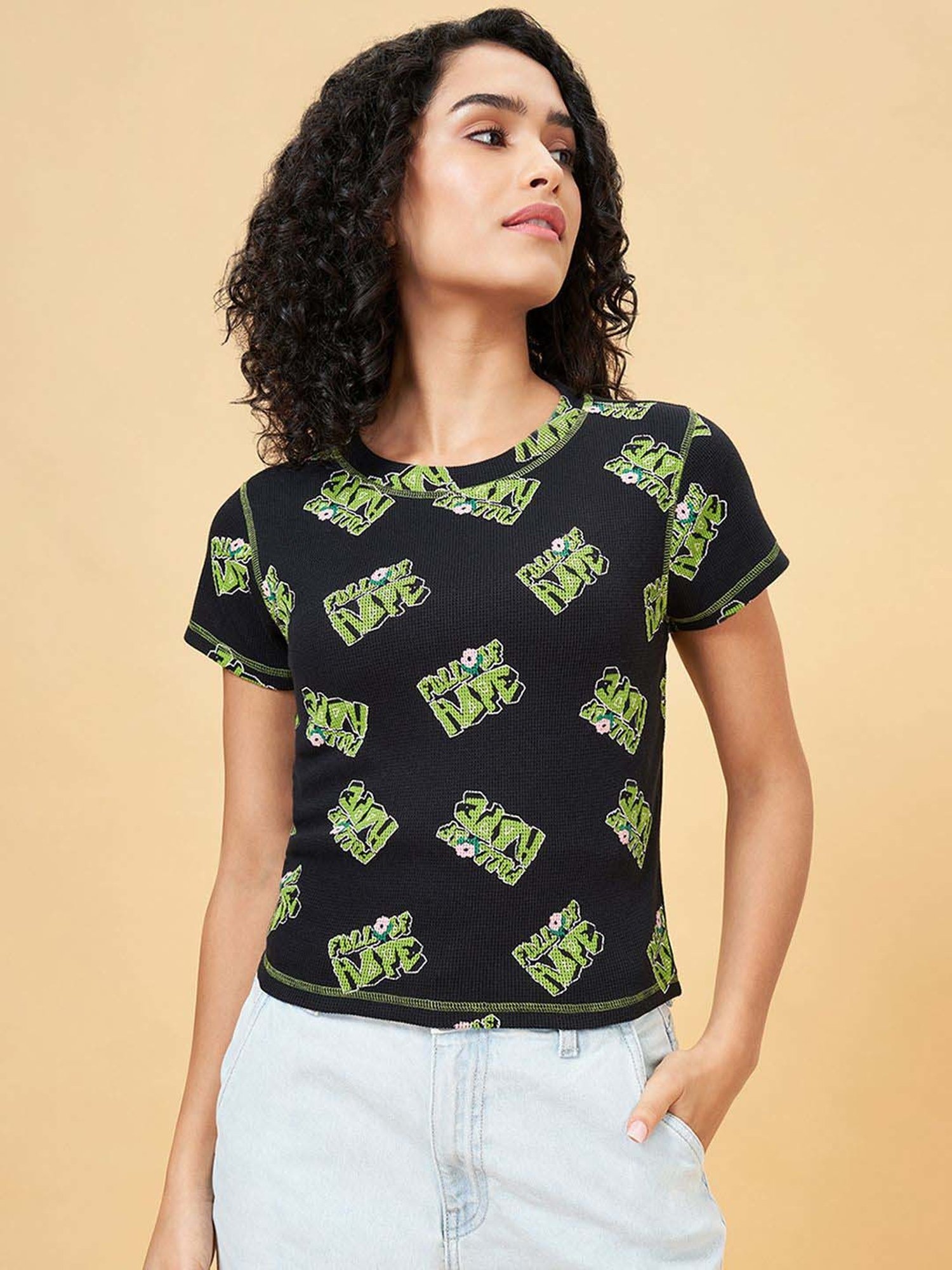 People by Pantaloons Jet Black Printed T-Shirt