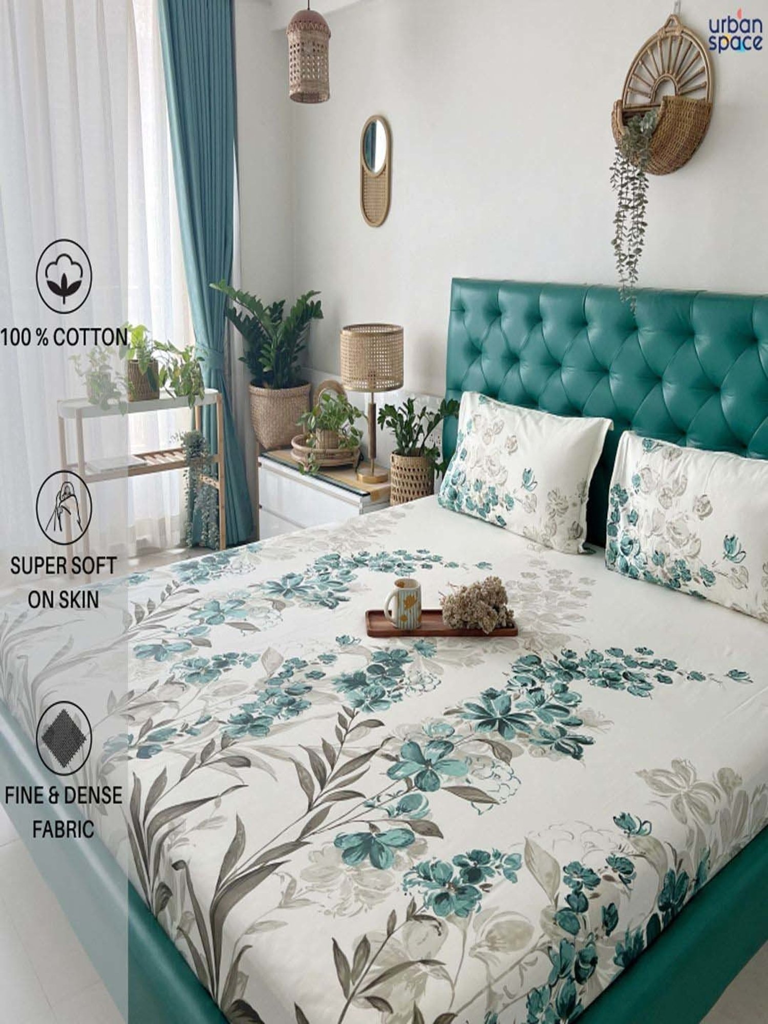 Urban Space Teal Green And White Cotton 200 TC Double Bedsheet with 2 Pillow Covers