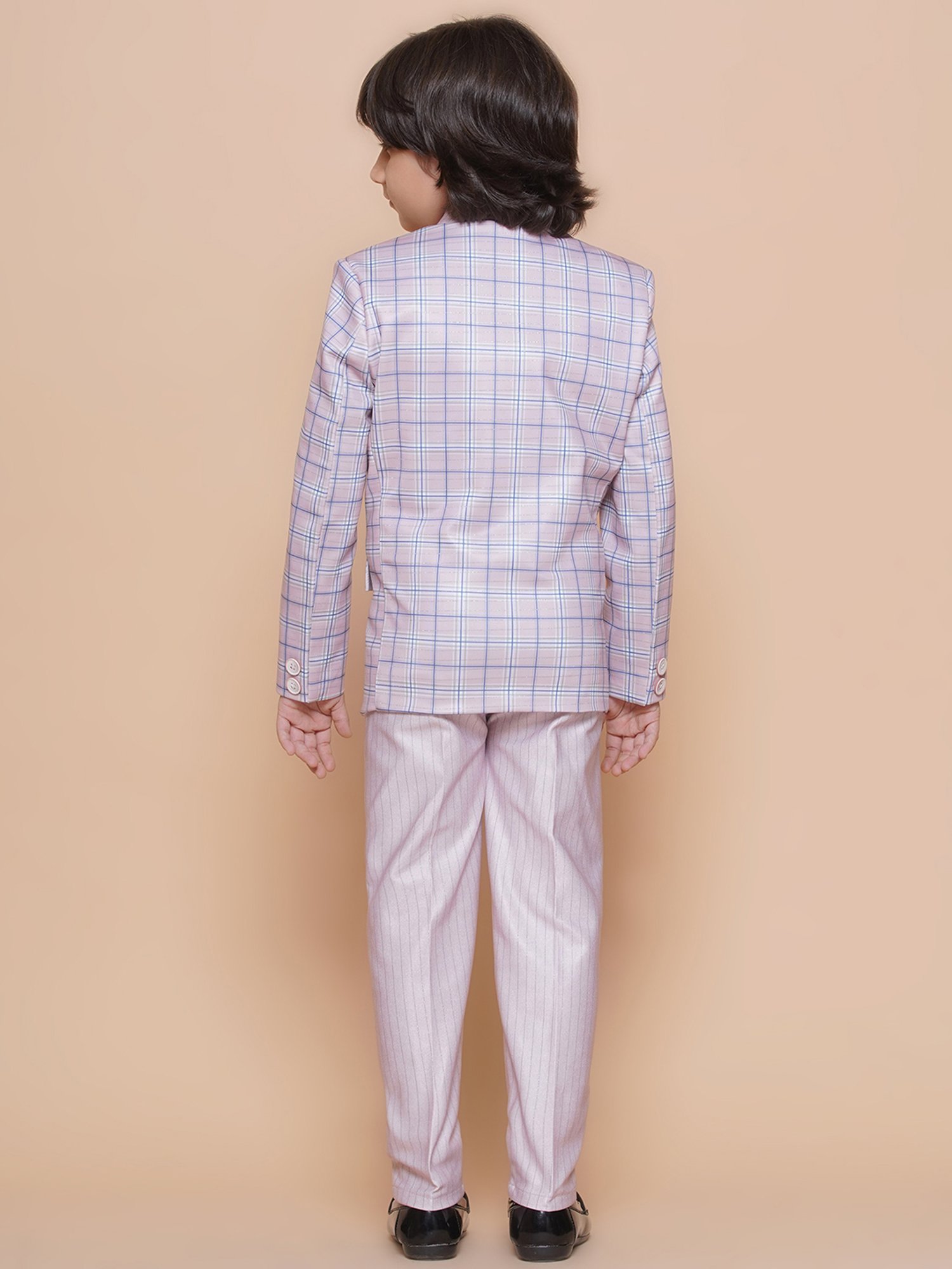 AJ Dezines Kids Pink & Blue Checks Full Sleeves Shirt, Pants, Coat, Waistcoat with Tie