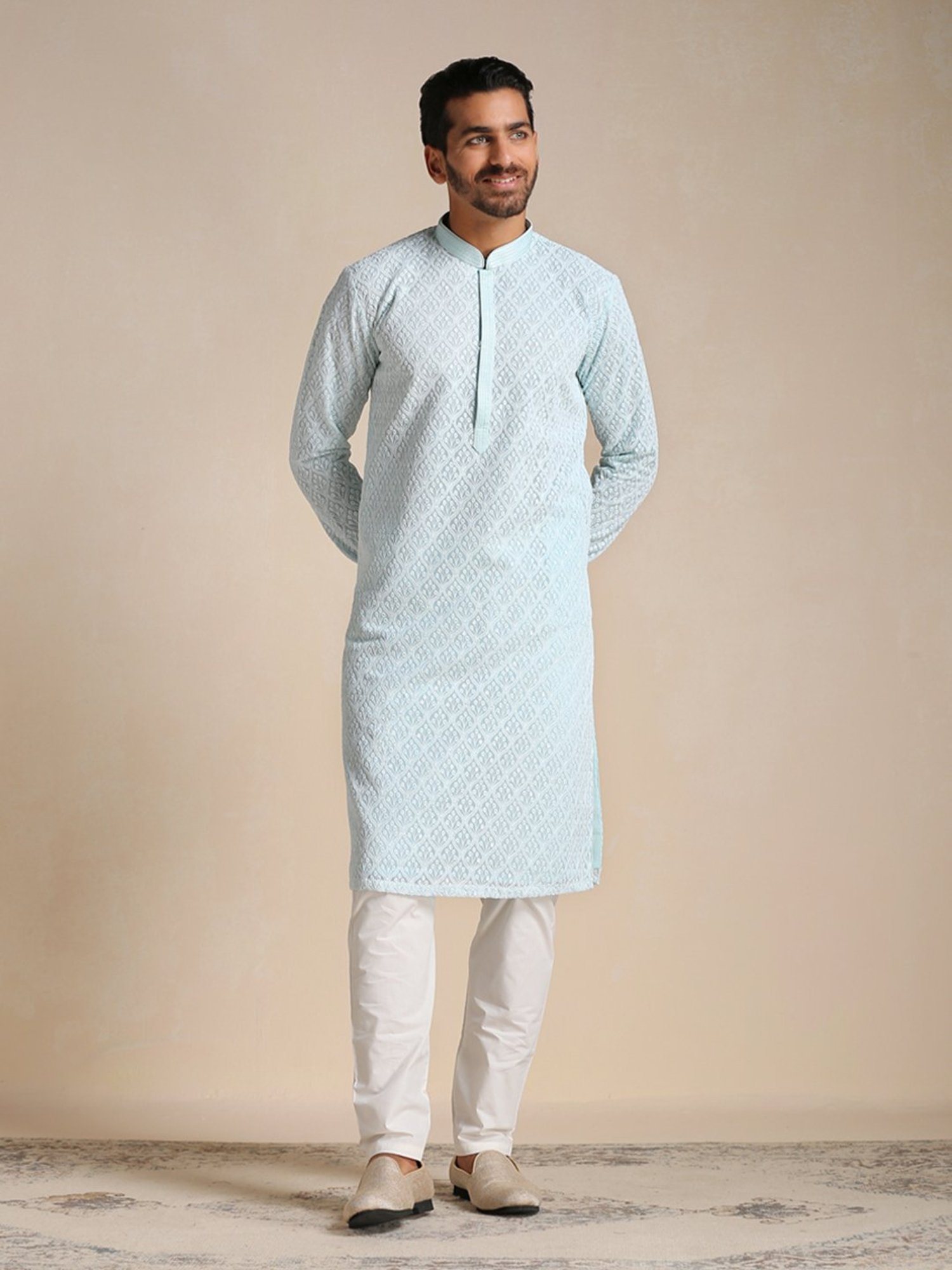 Manyavar Sky Blue & White Embroidered Kurta & Pyjama Set
