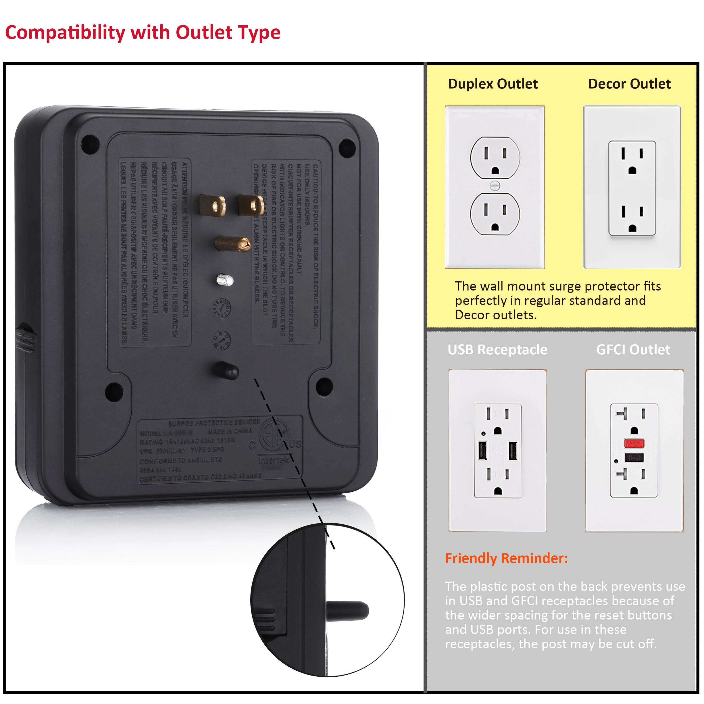 BESTTEN Multi Outlet Wall Tap Adapter Surge Protector with 4 USB Charging Ports (4.2A Total), 3 Outlet Multipliers and 2 Slide-Out Phone Holders, 15A/125V/1875W, ETL Certified, Black