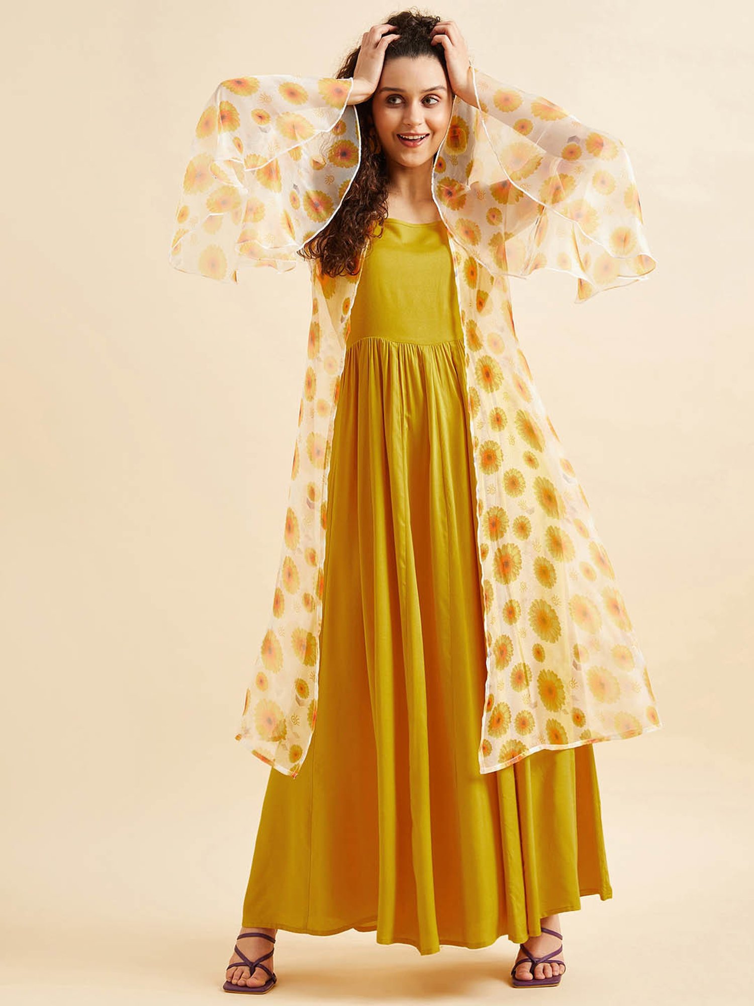 PANIT Yellow Printed Ethnic Dress With Shrug
