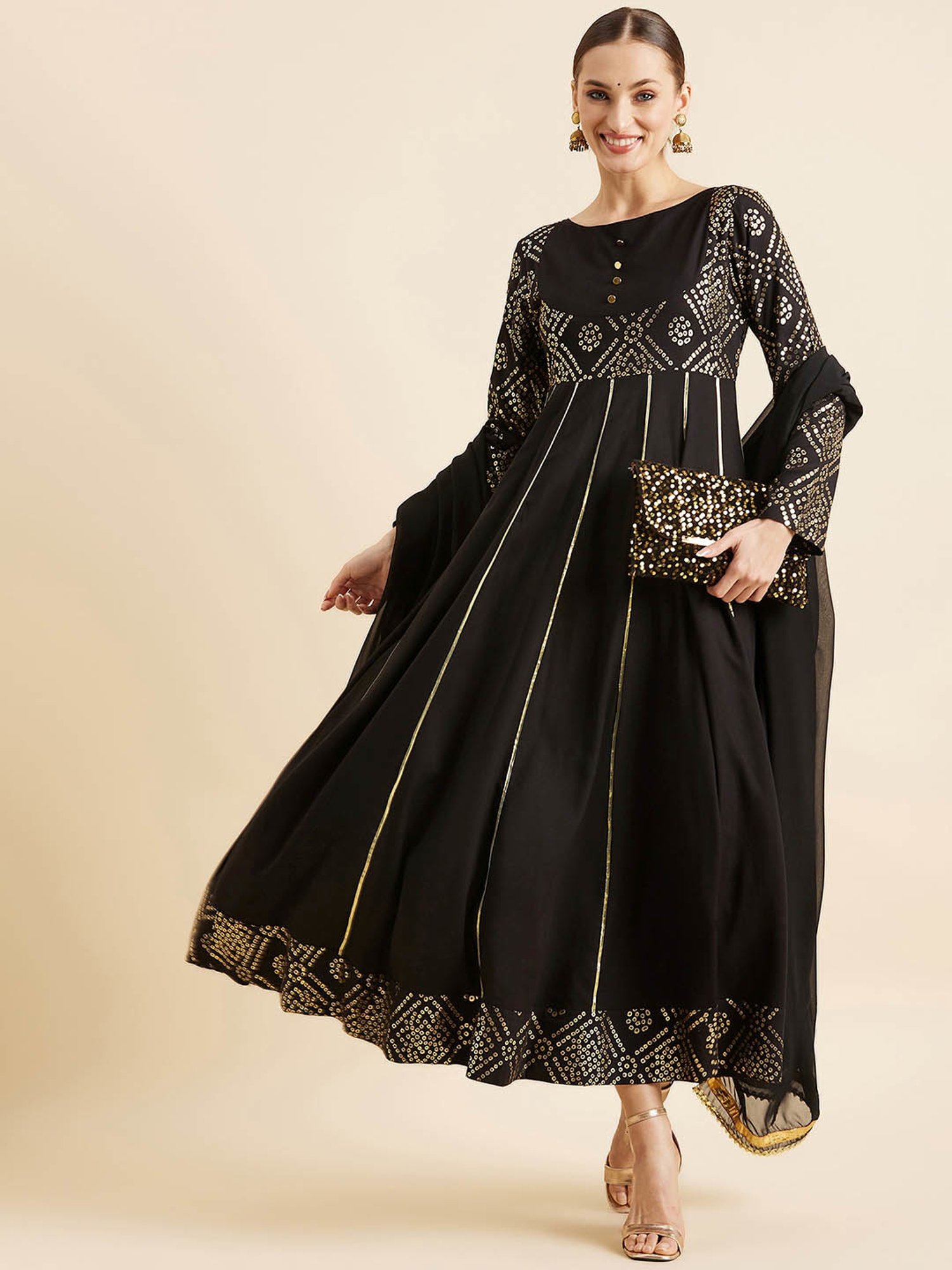PANIT Black Printed Ethnic Dress With Dupatta