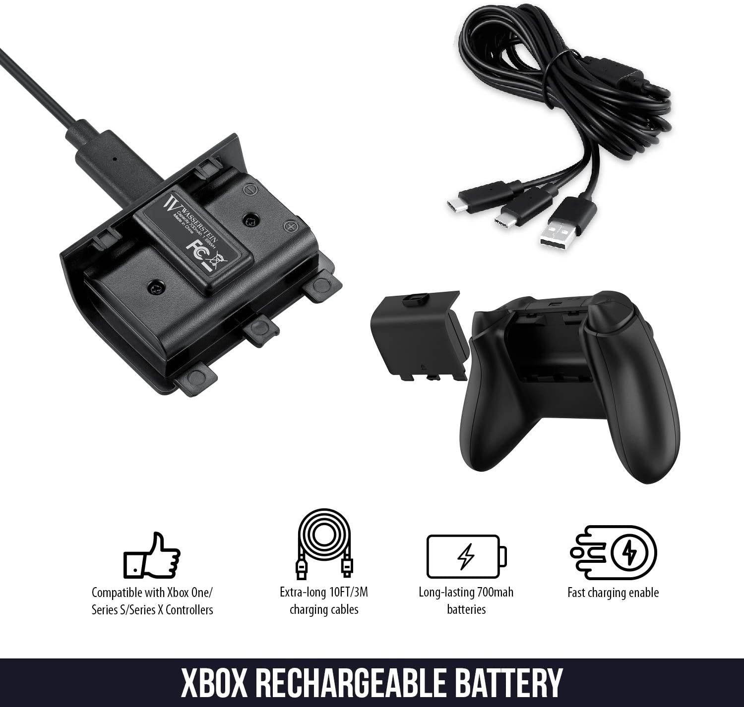 Wasserstein 700mAh Controller Battery Packs and Charging Cable for Microsoft Xbox Wireless Controller 2020 Model (Xbox Series X/S, Xbox One) (4 Pack)